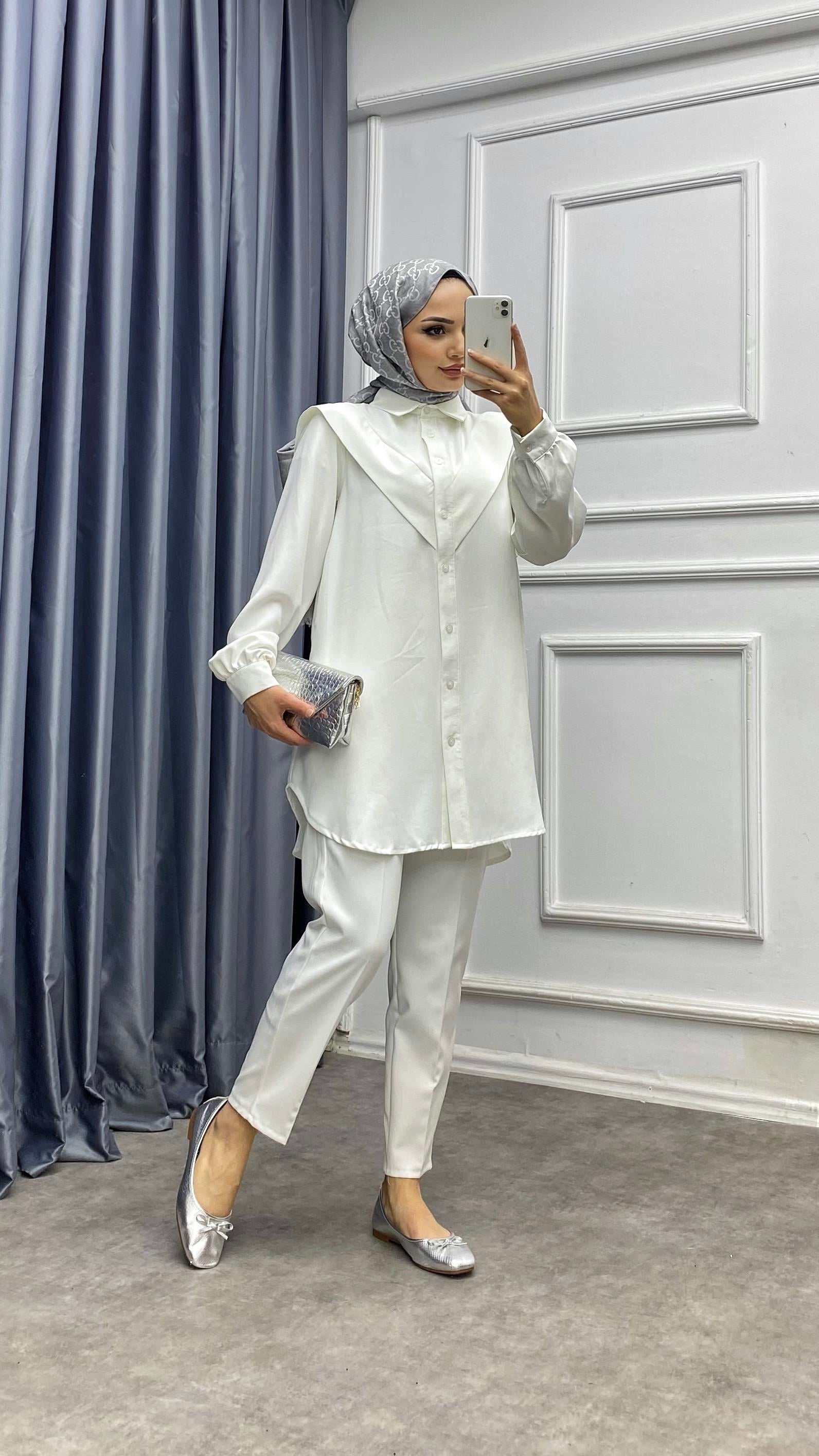 Pelerinli Tunik Beyaz