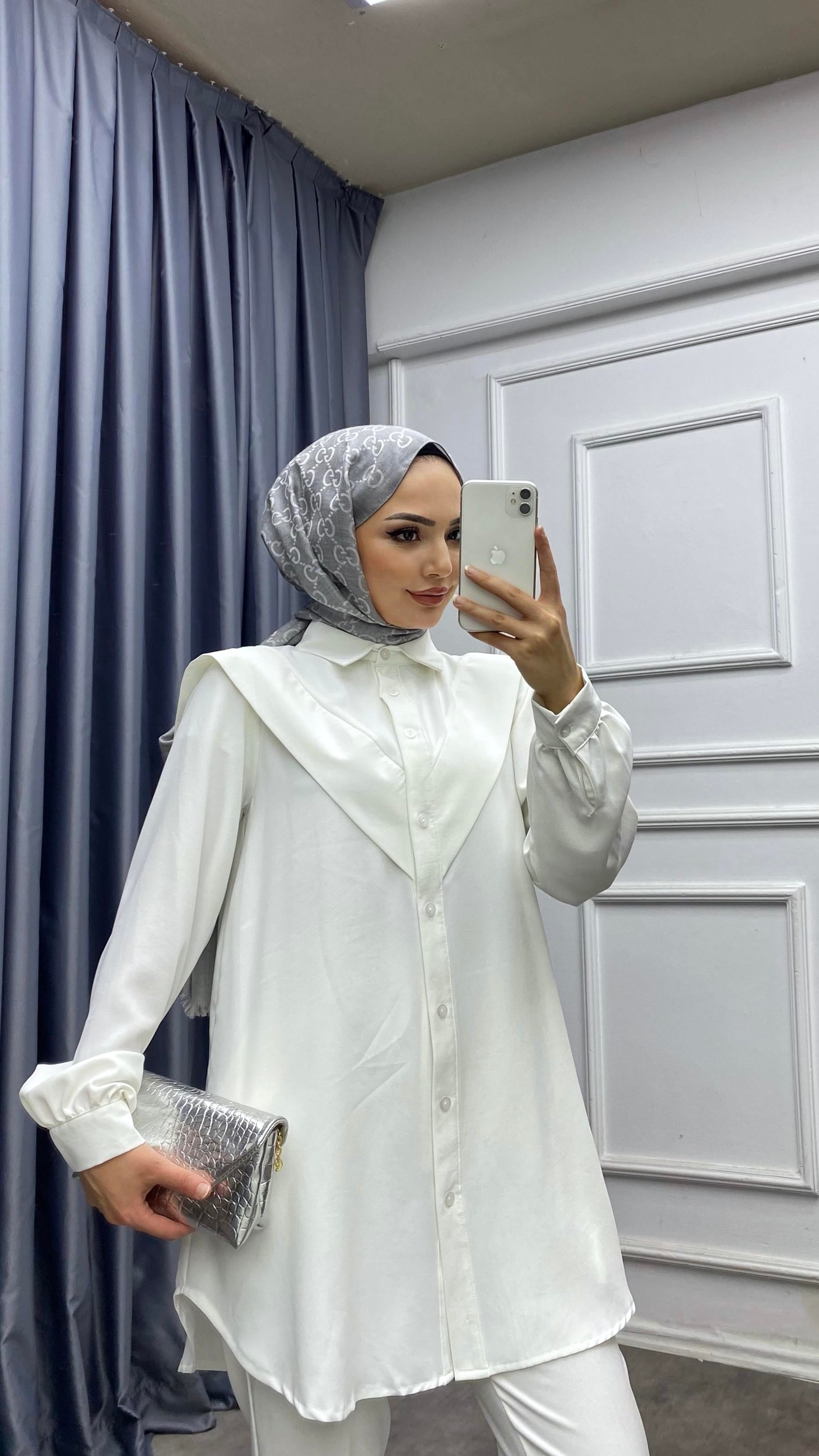 Pelerinli Tunik Beyaz