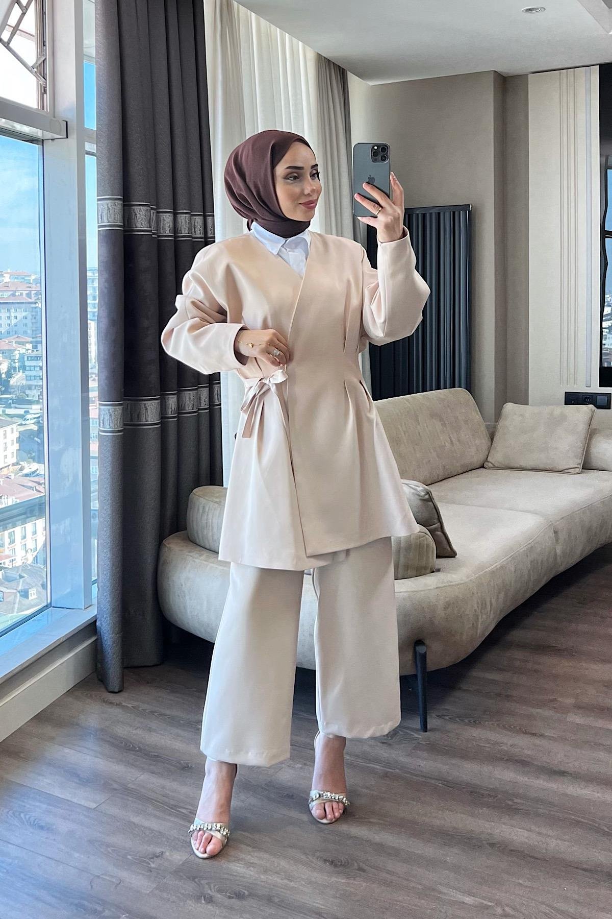 Pens Detay ikili takım bej