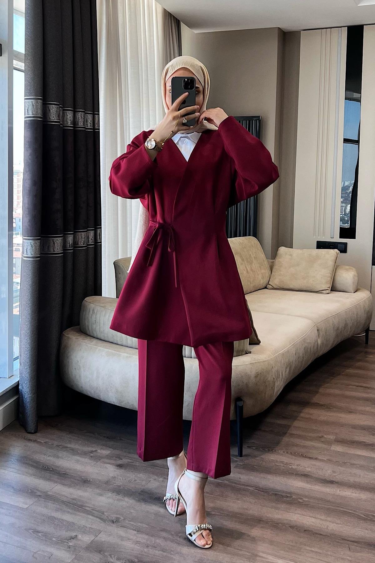 Pens Detay ikili takım bordo