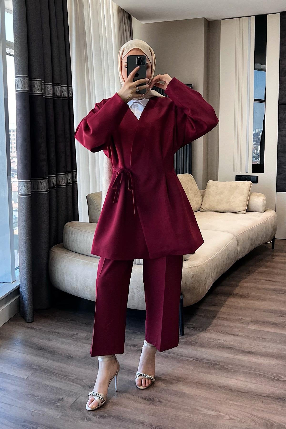 Pens Detay ikili takım bordo