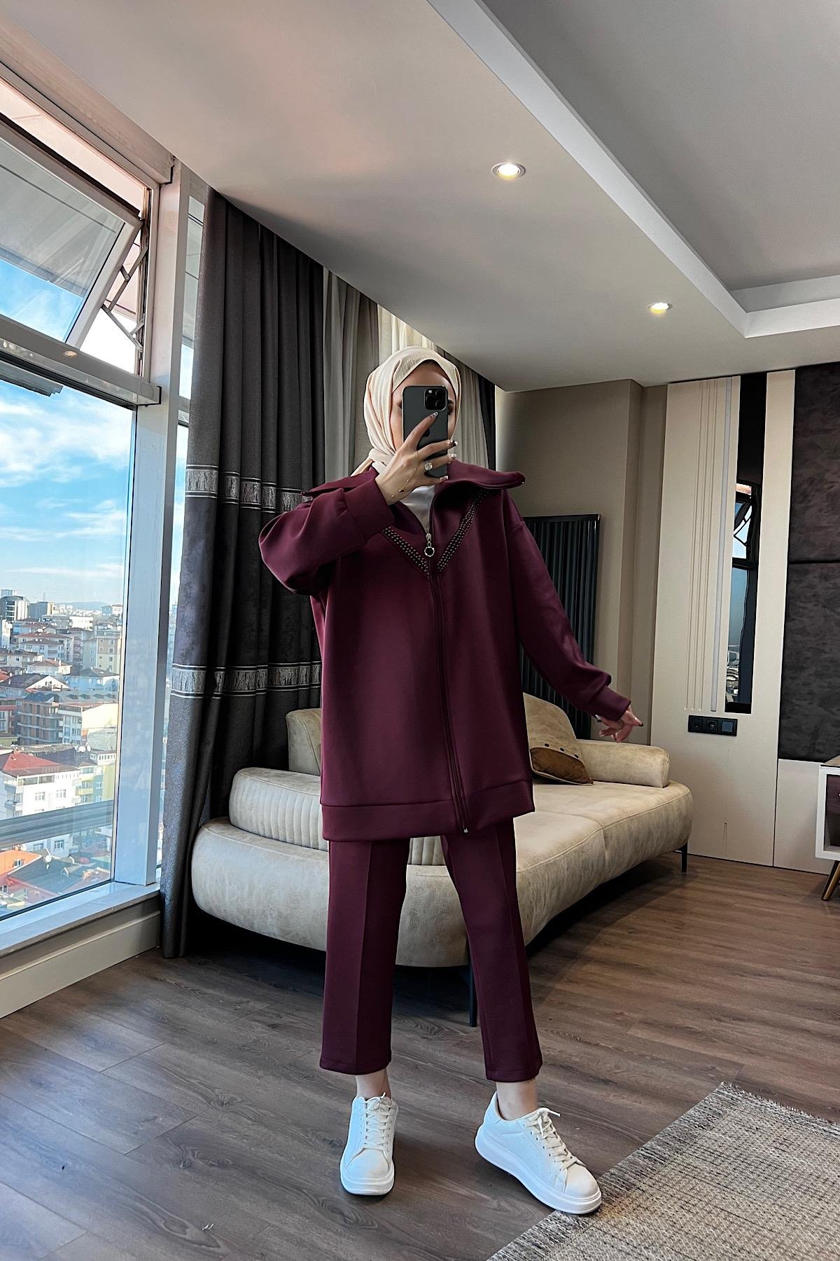 Taş Detaylı Skuba takım Bordo