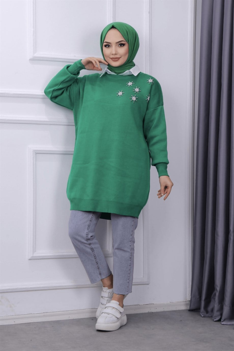 Taşlı triko tunik yeşil