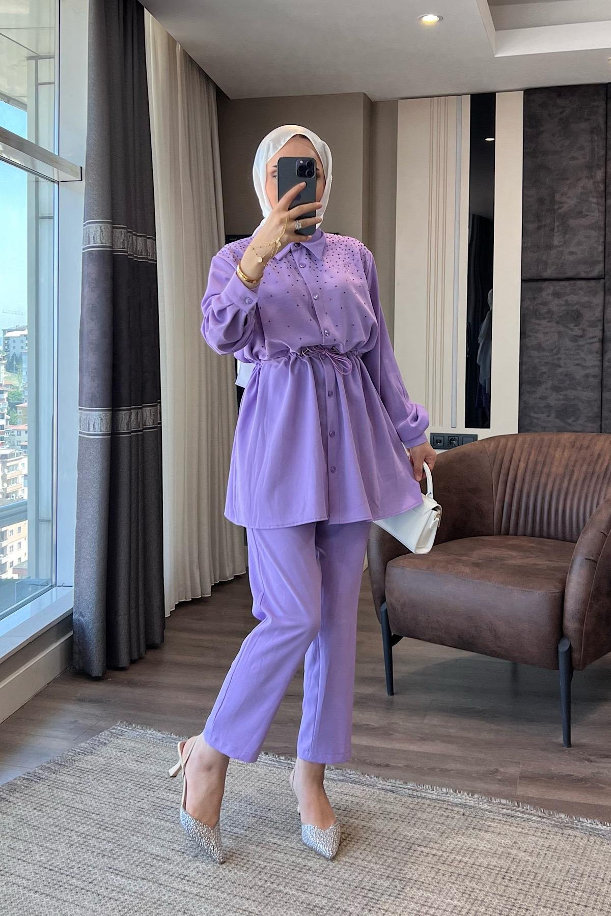 Üzeri taşlı Beli Tünelli Linda Takım Lila