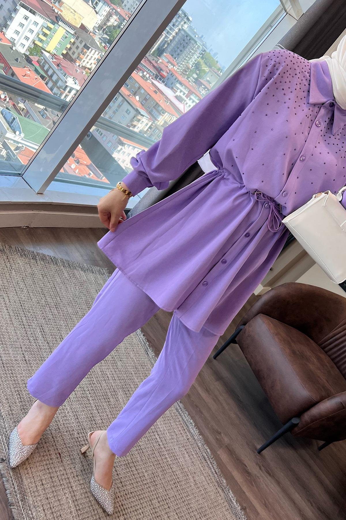 Üzeri taşlı Beli Tünelli Linda Takım Lila