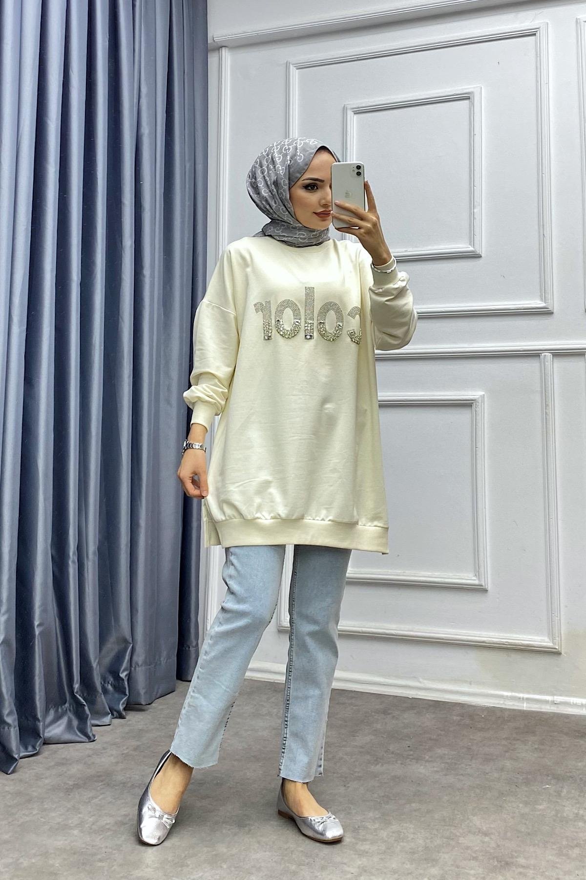 Üzeri Taşlı Sweat Bej 