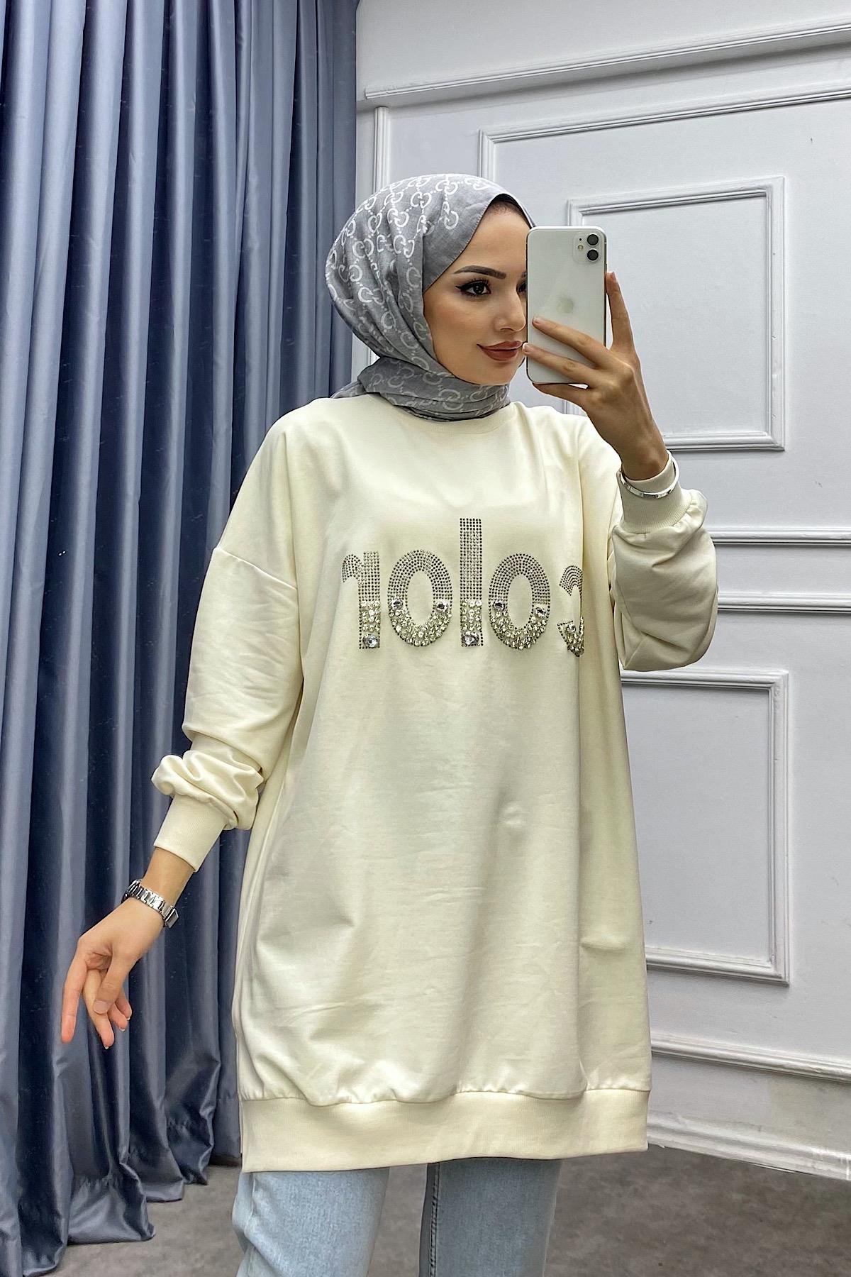 Üzeri Taşlı Sweat Bej 