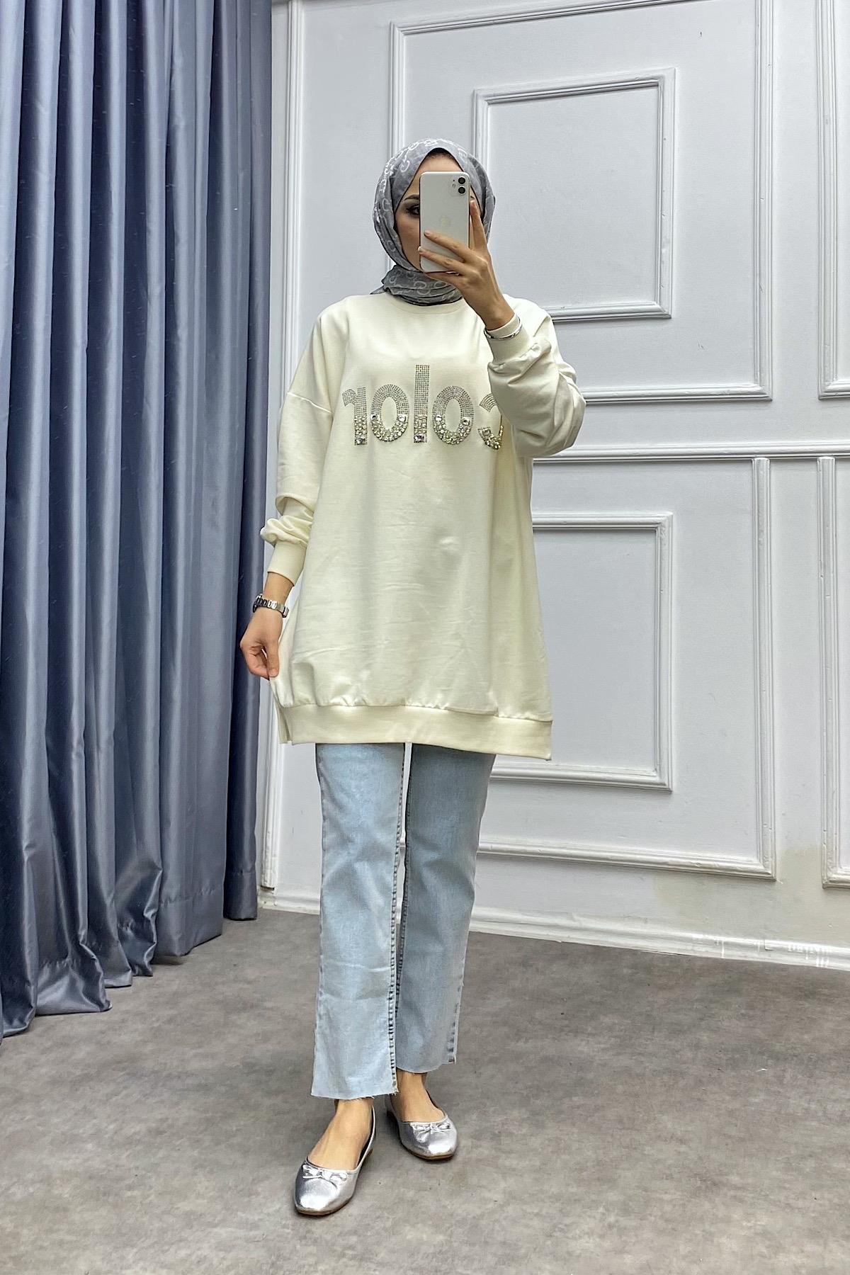 Üzeri Taşlı Sweat Bej 