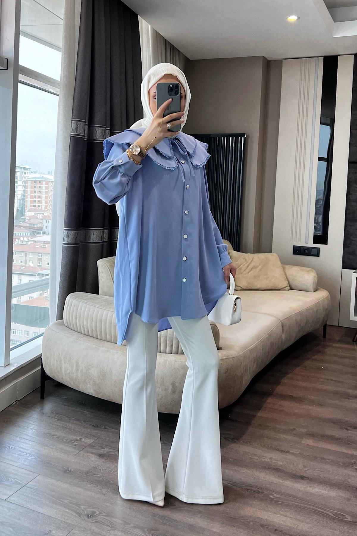Yakası dantelli tunik Bebe Mavisi