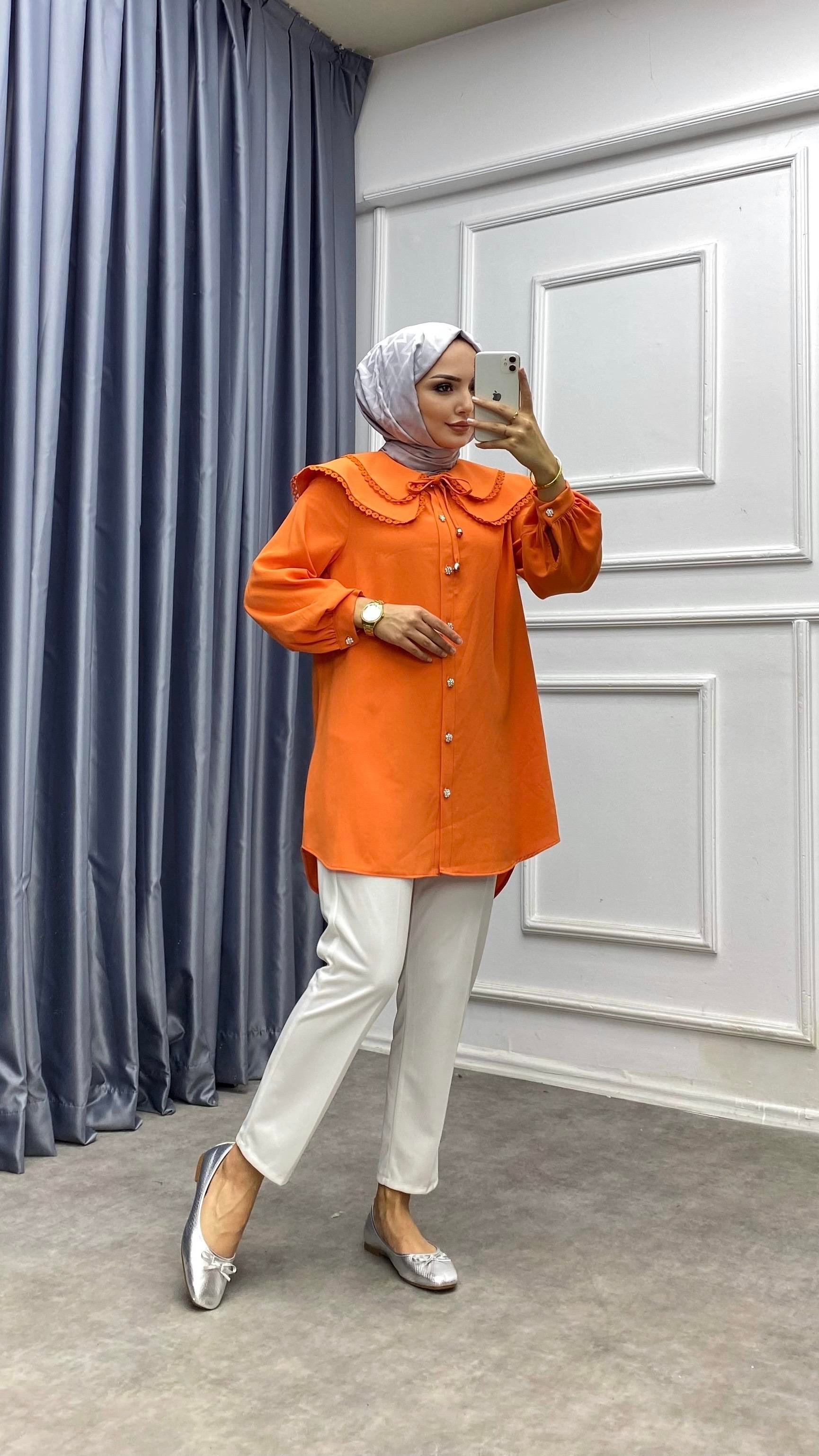 Yakası dantelli tunik turuncu 