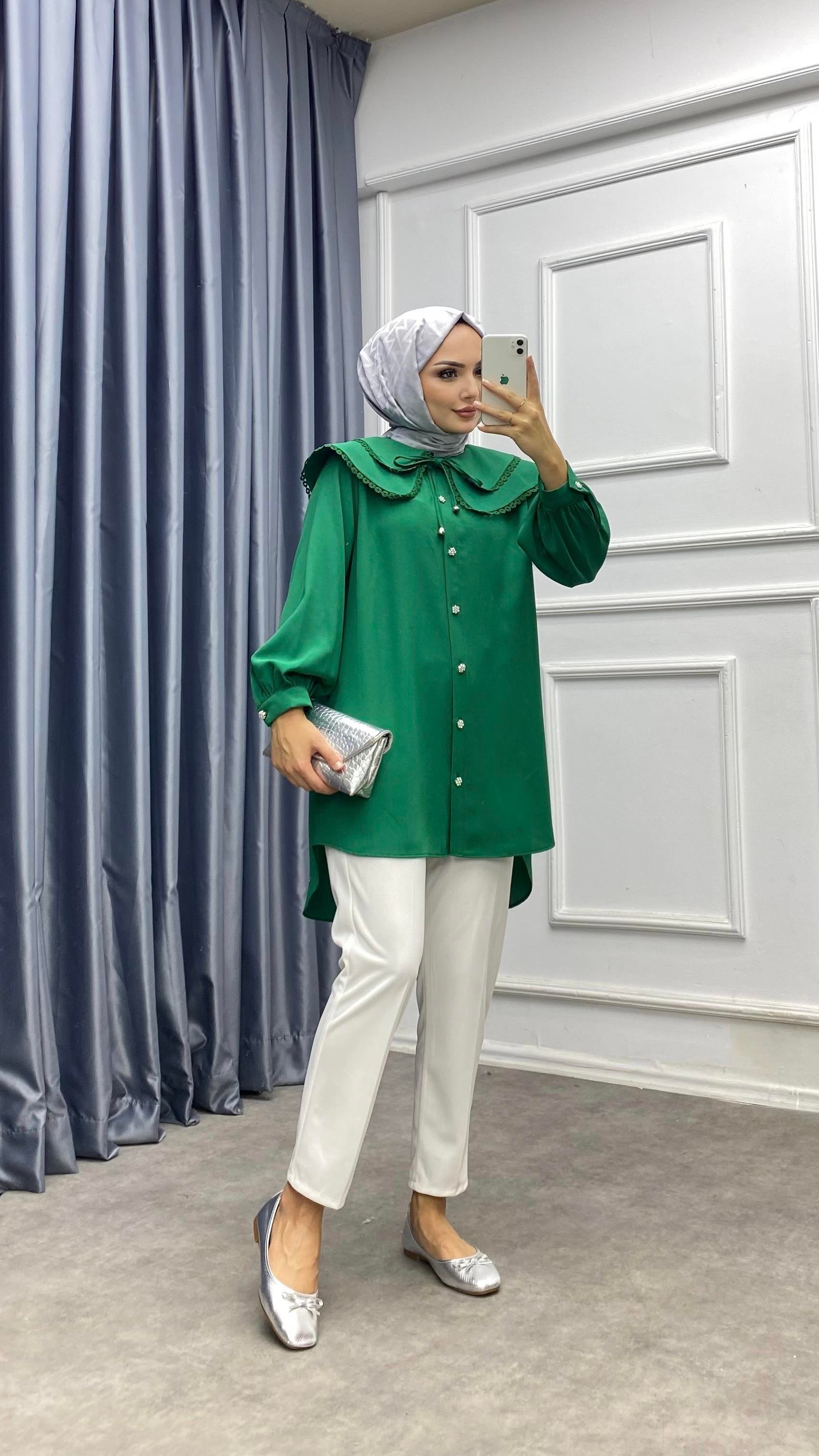 Yakası dantelli tunik Yeşil