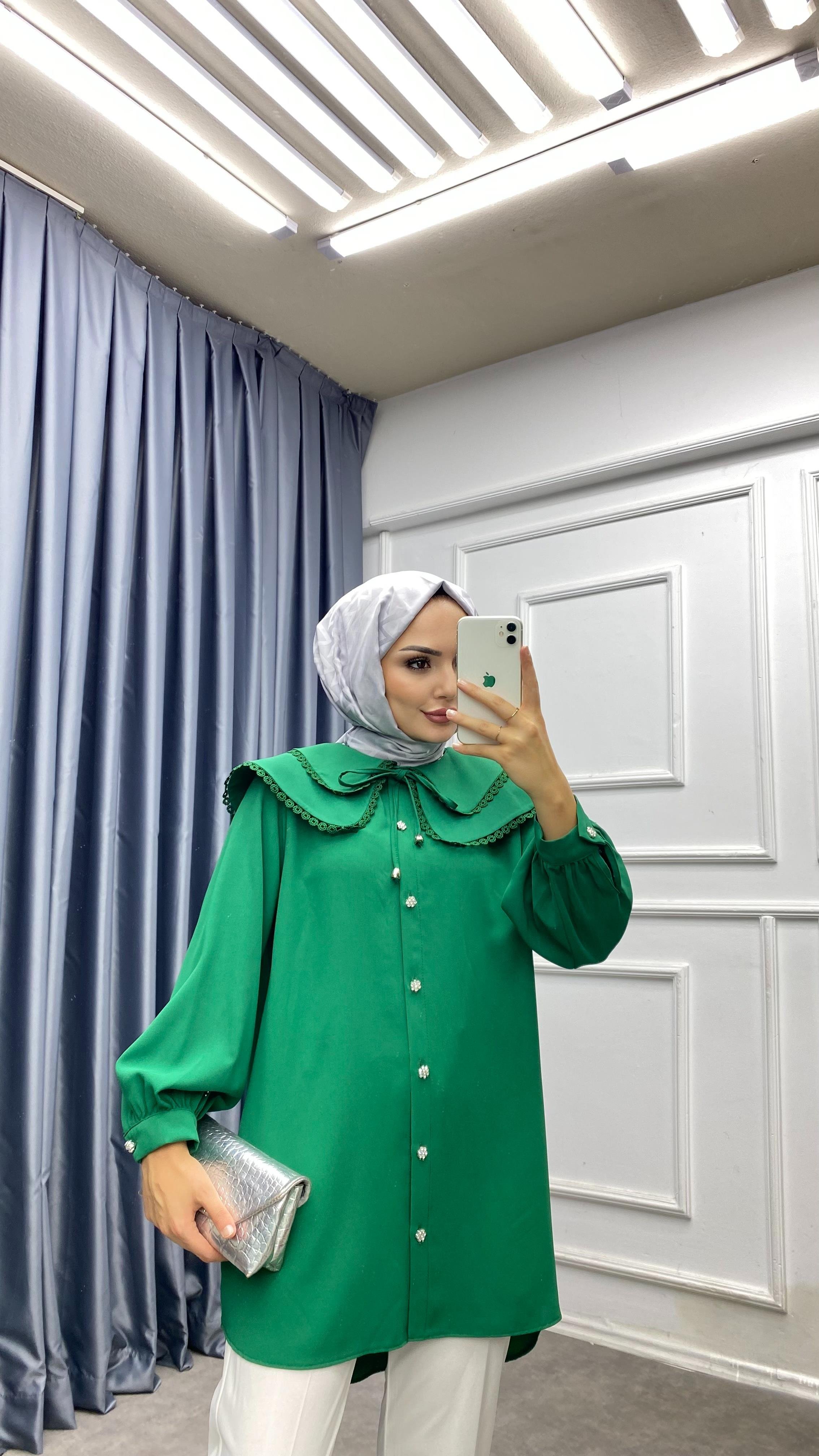 Yakası dantelli tunik Yeşil