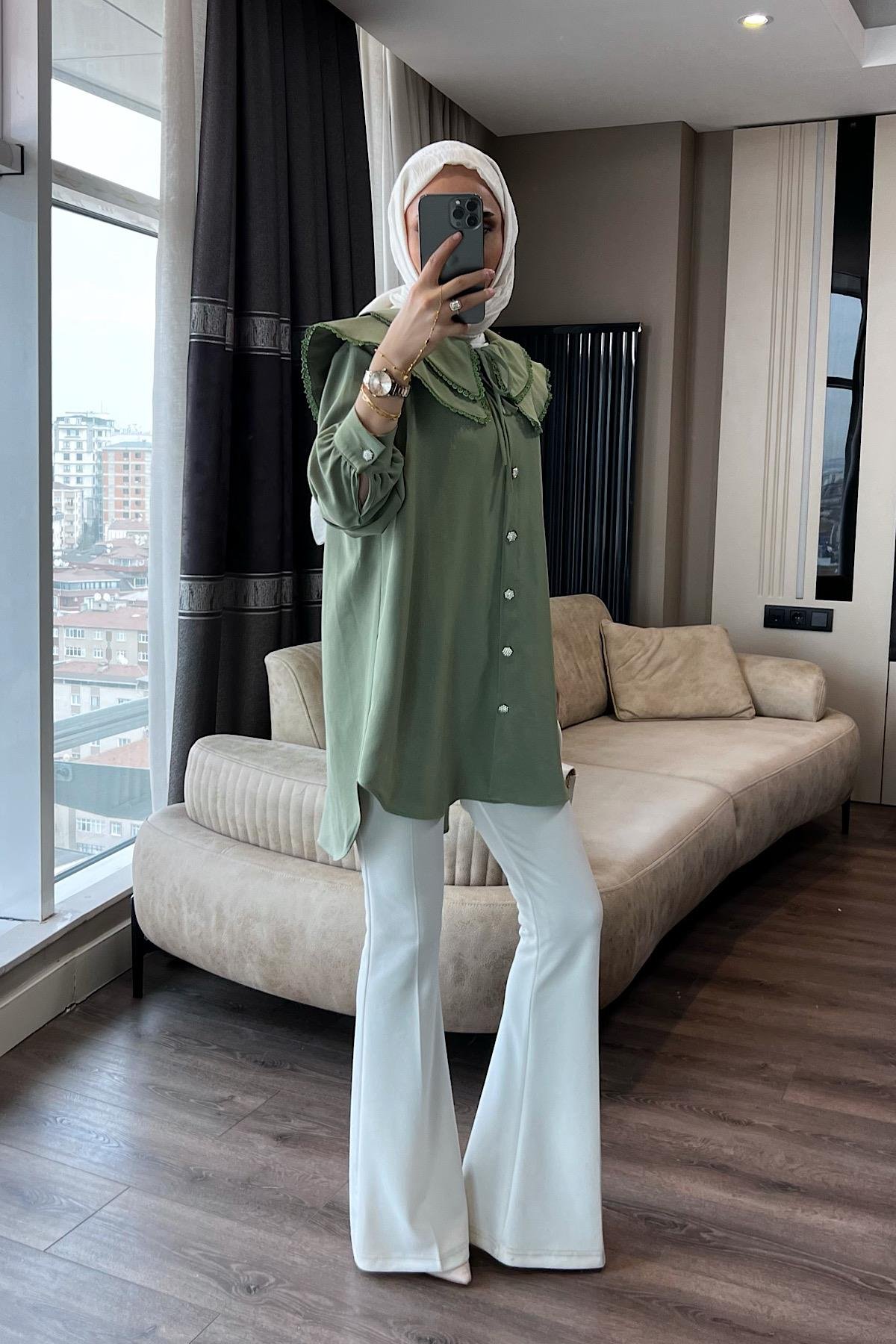 Yakası dantelli tunik Yeşil