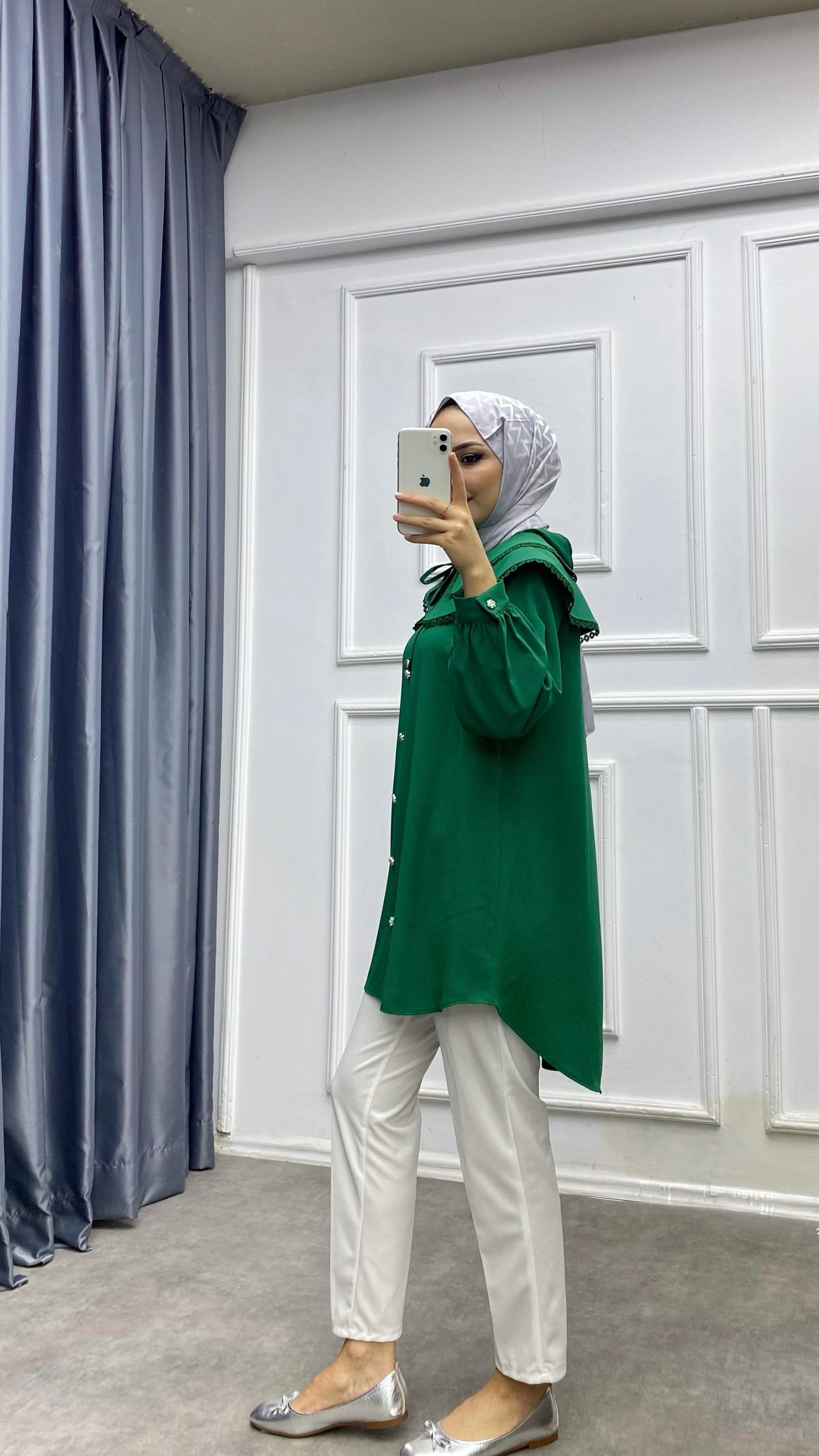 Yakası dantelli tunik Yeşil