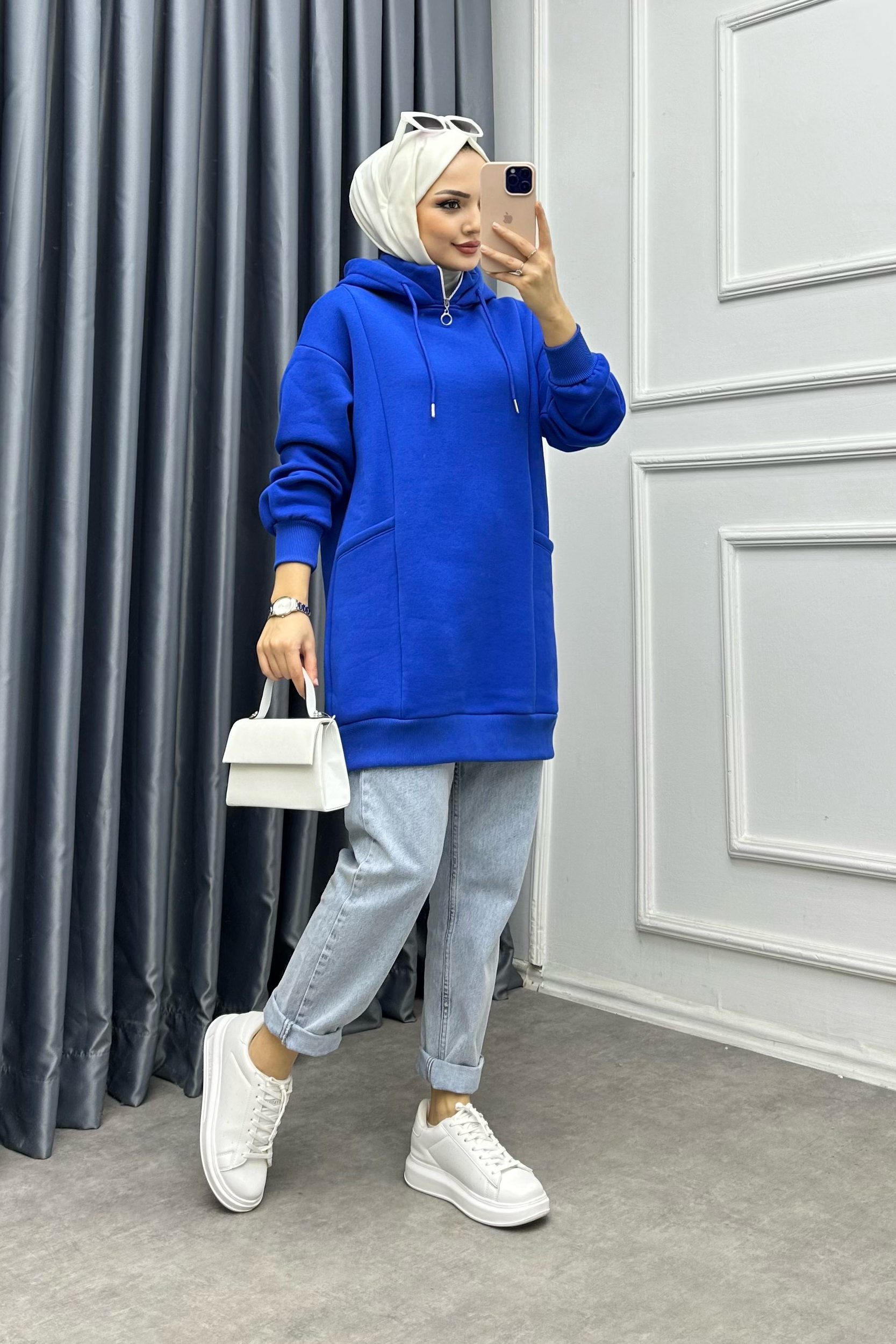 Yakası Fermuarlı Torba Cep Sweat saks
