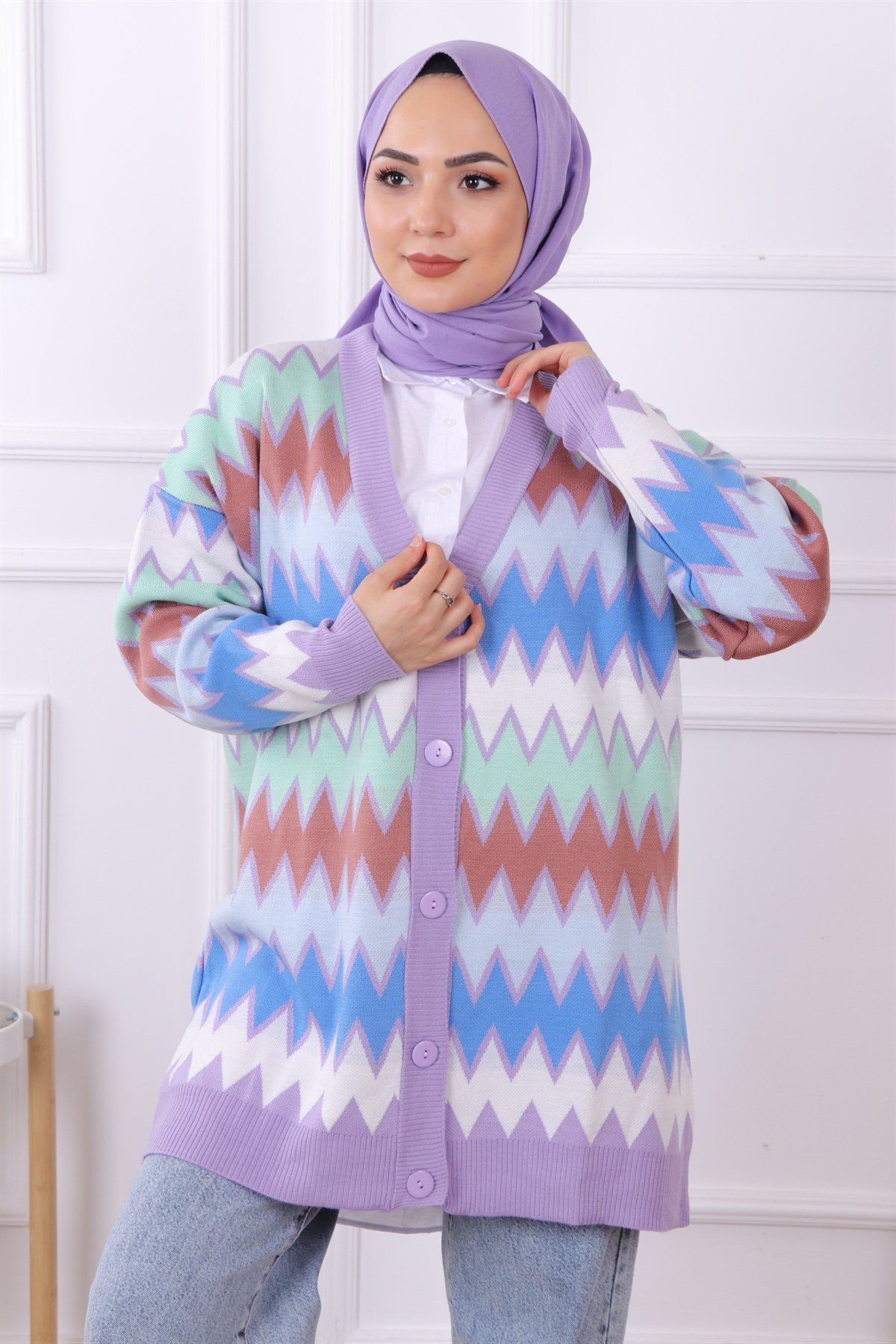 ZİKZAK DESENLİ HIRKA LİLA