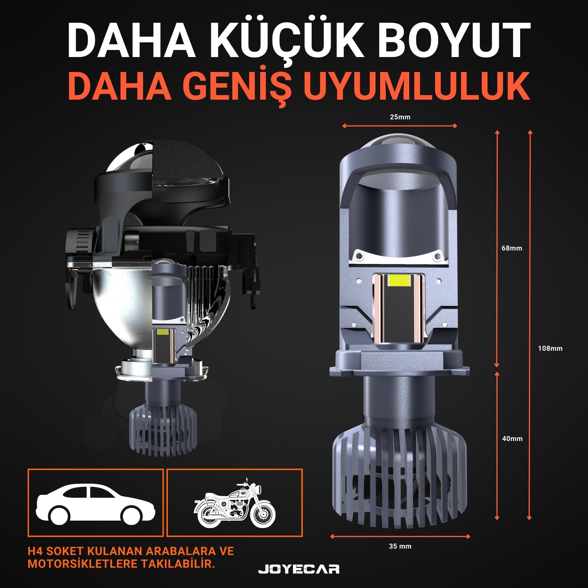 Joyecar Hyper Plus Projektor Lensli H4 Uzun Kısa Led Far Ampulü