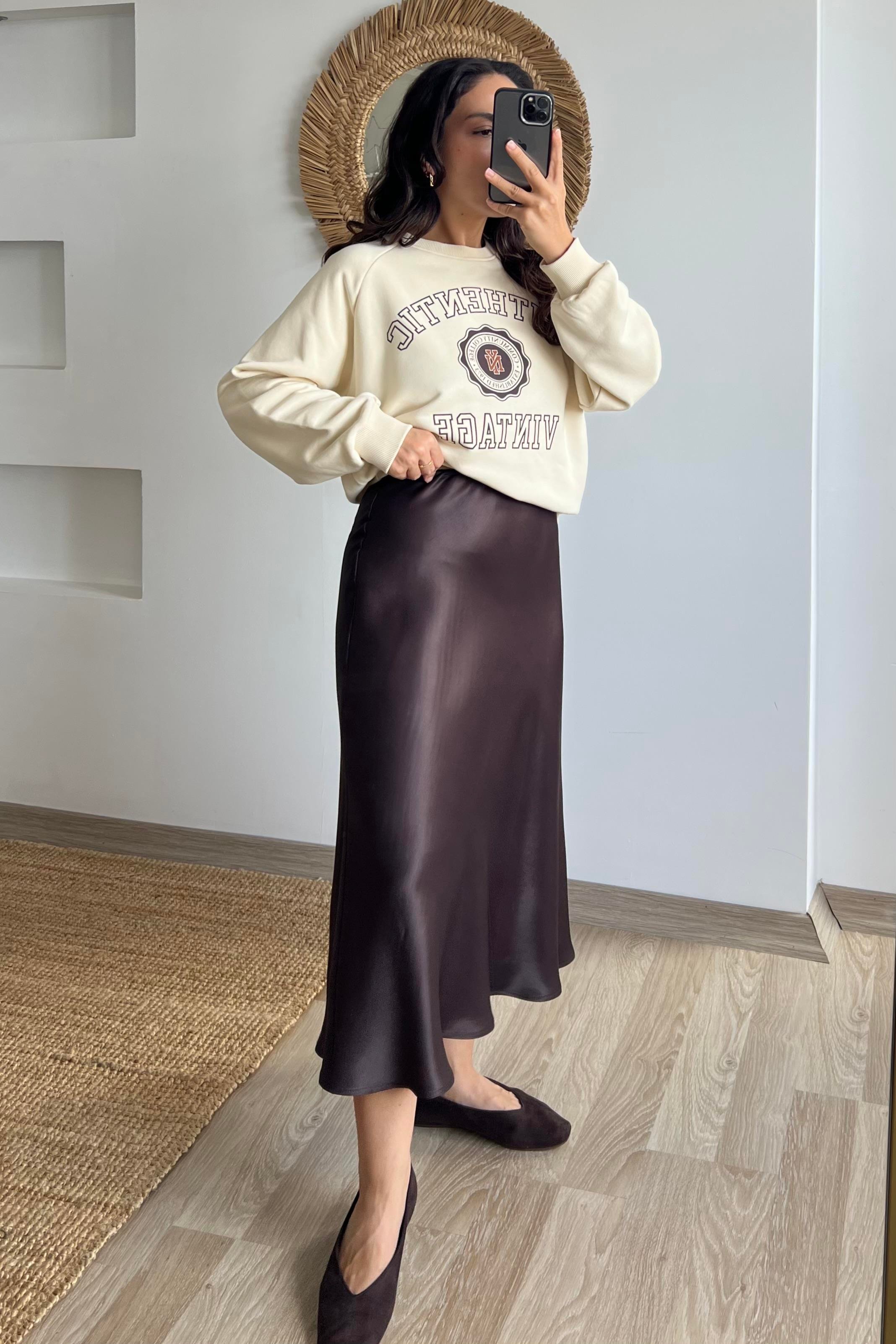 Acı Kahve Beli Lastikli Saten Etek uygun fiyatlarda www.butikhola.com adresinde