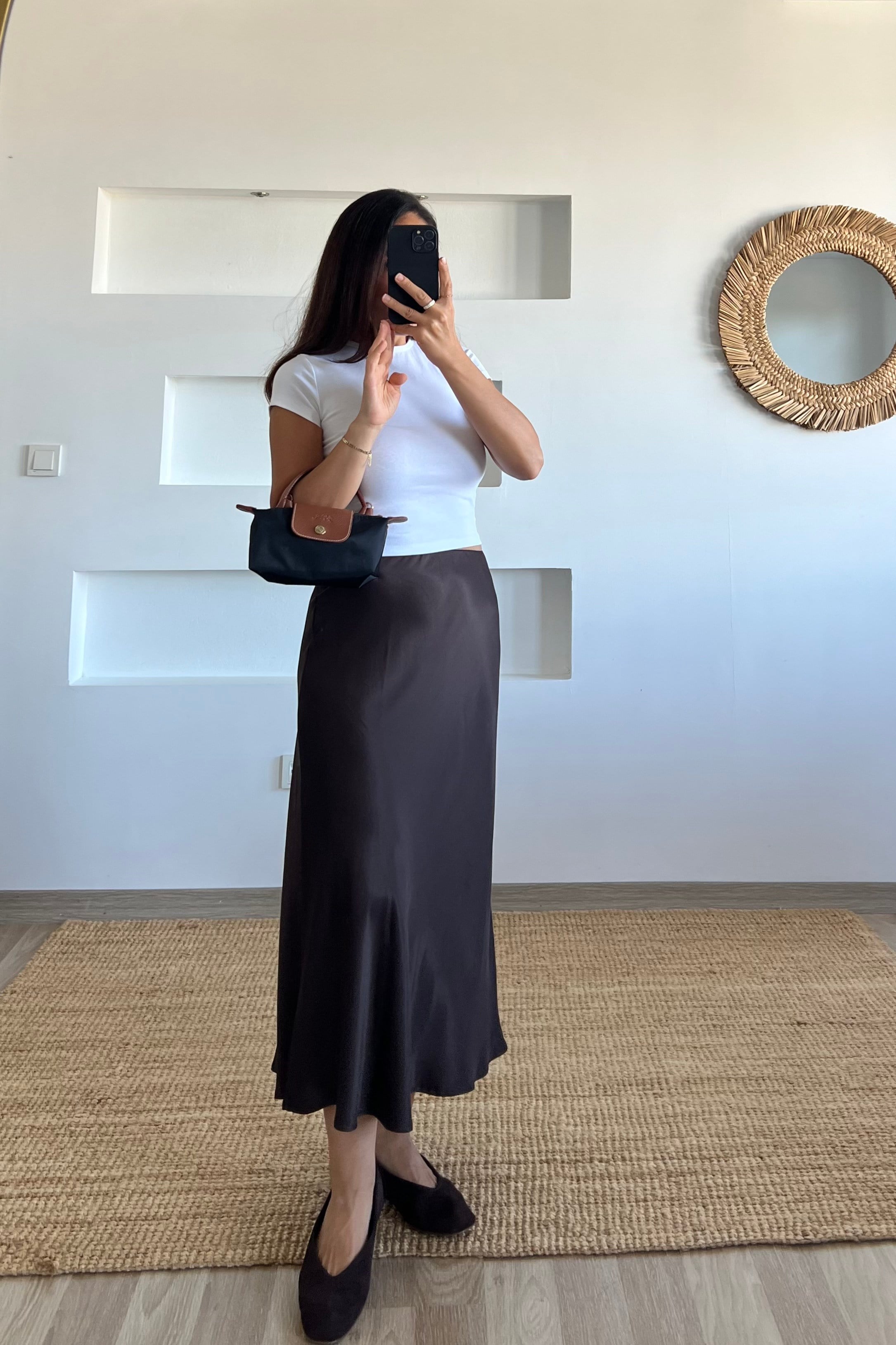 Acı Kahve Beli Lastikli Saten Etek uygun fiyatlarda www.butikhola.com adresinde