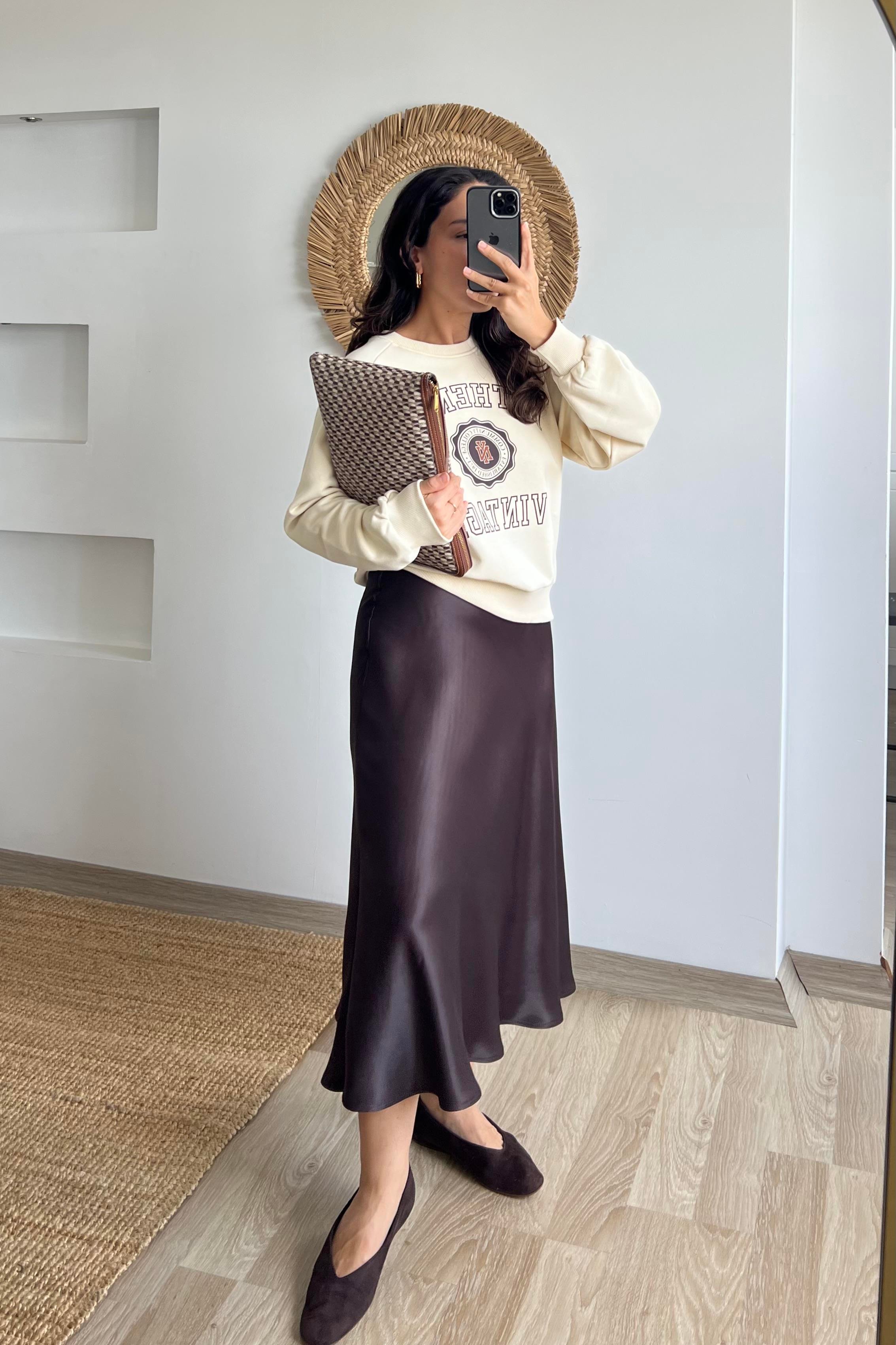 Acı Kahve Beli Lastikli Saten Etek uygun fiyatlarda www.butikhola.com adresinde