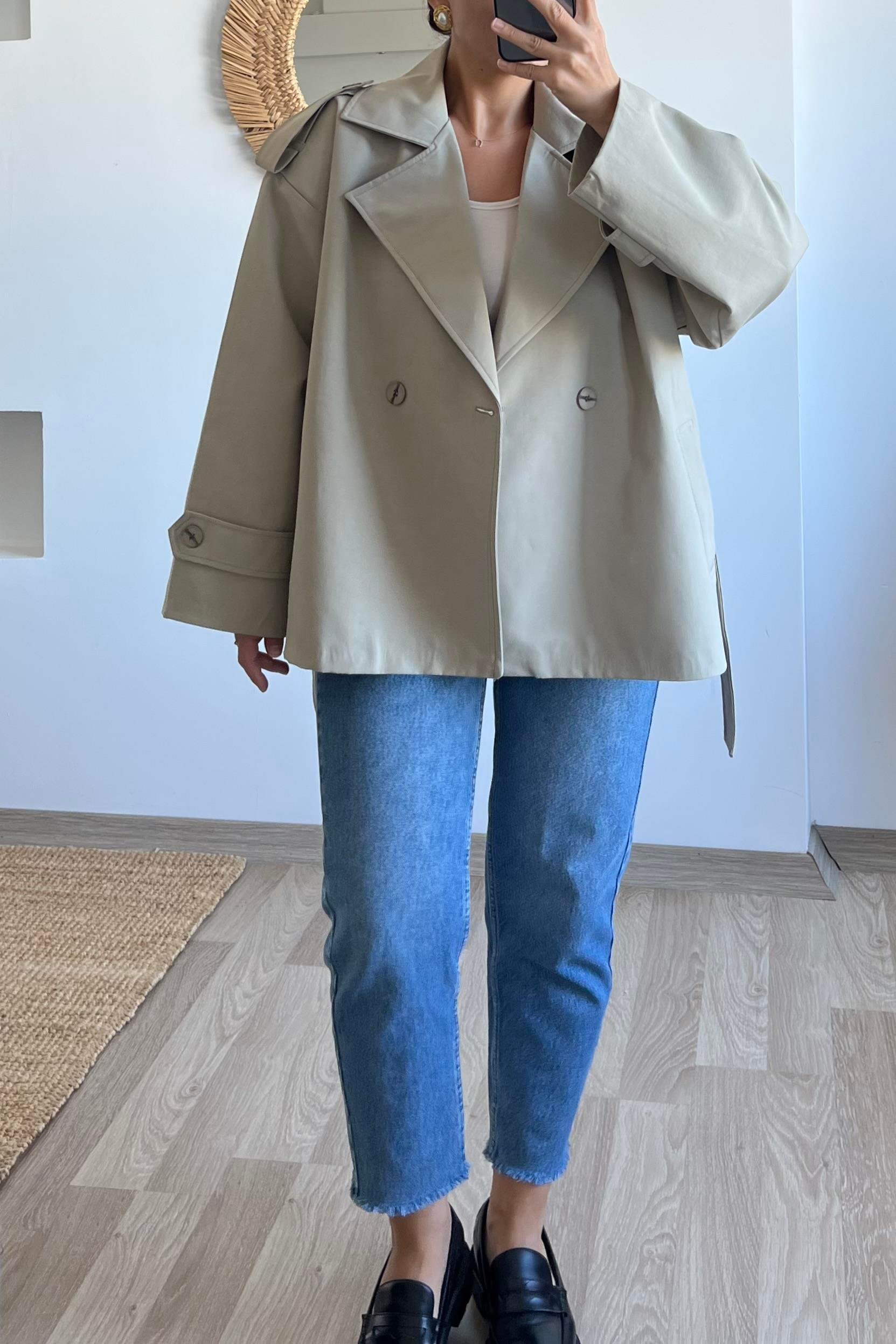 Açık Yeşil Premium Kuşaklı Kısa Trençkot uygun fiyatlarda www.butikhola.com adresinde