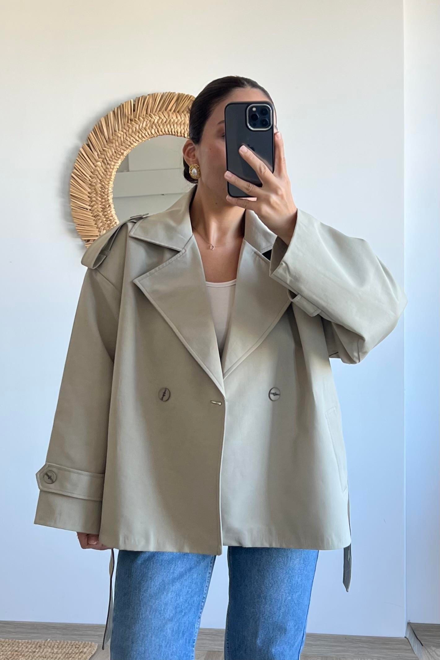 Açık Yeşil Premium Kuşaklı Kısa Trençkot uygun fiyatlarda www.butikhola.com adresinde