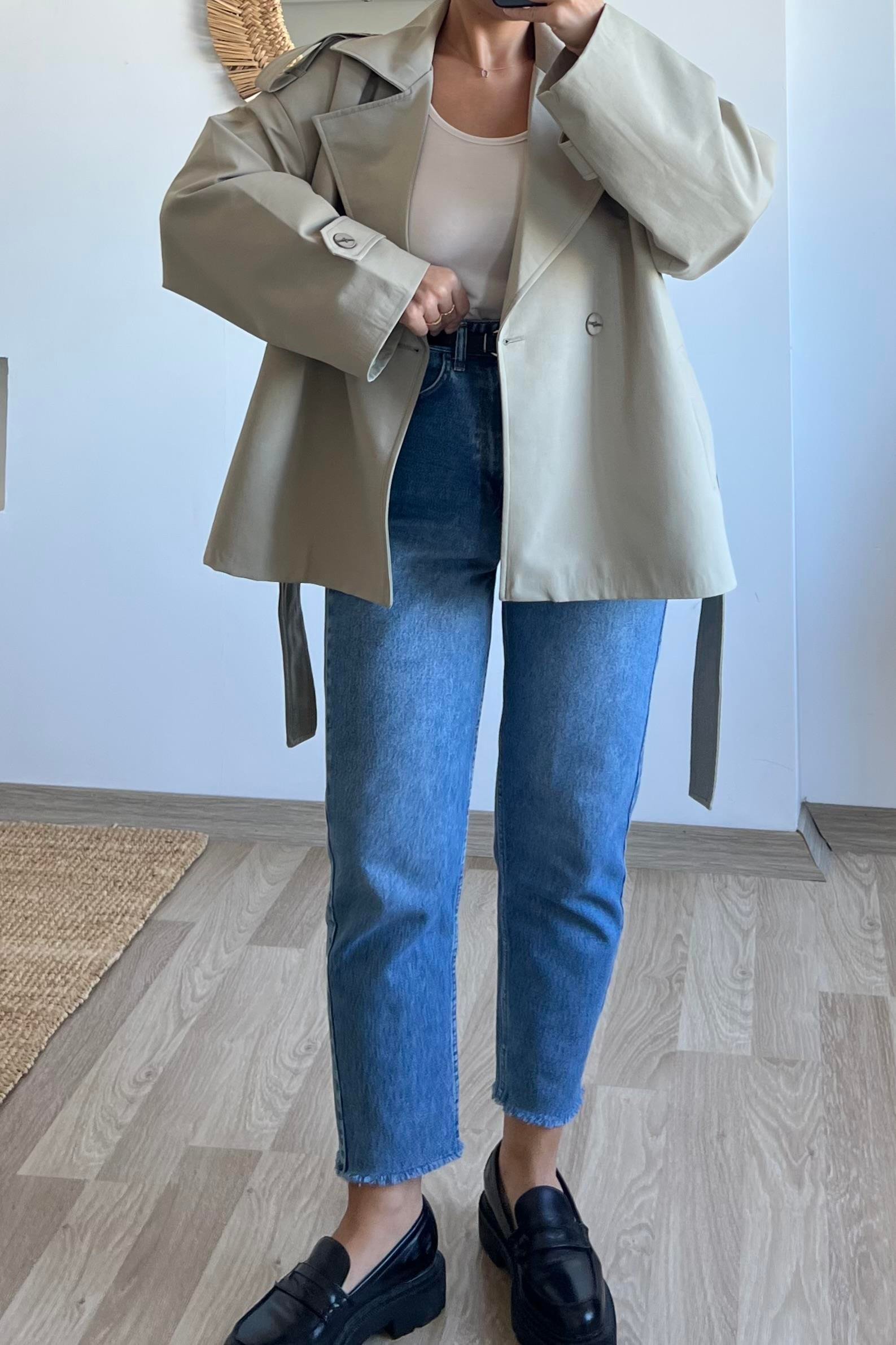Açık Yeşil Premium Kuşaklı Kısa Trençkot uygun fiyatlarda www.butikhola.com adresinde