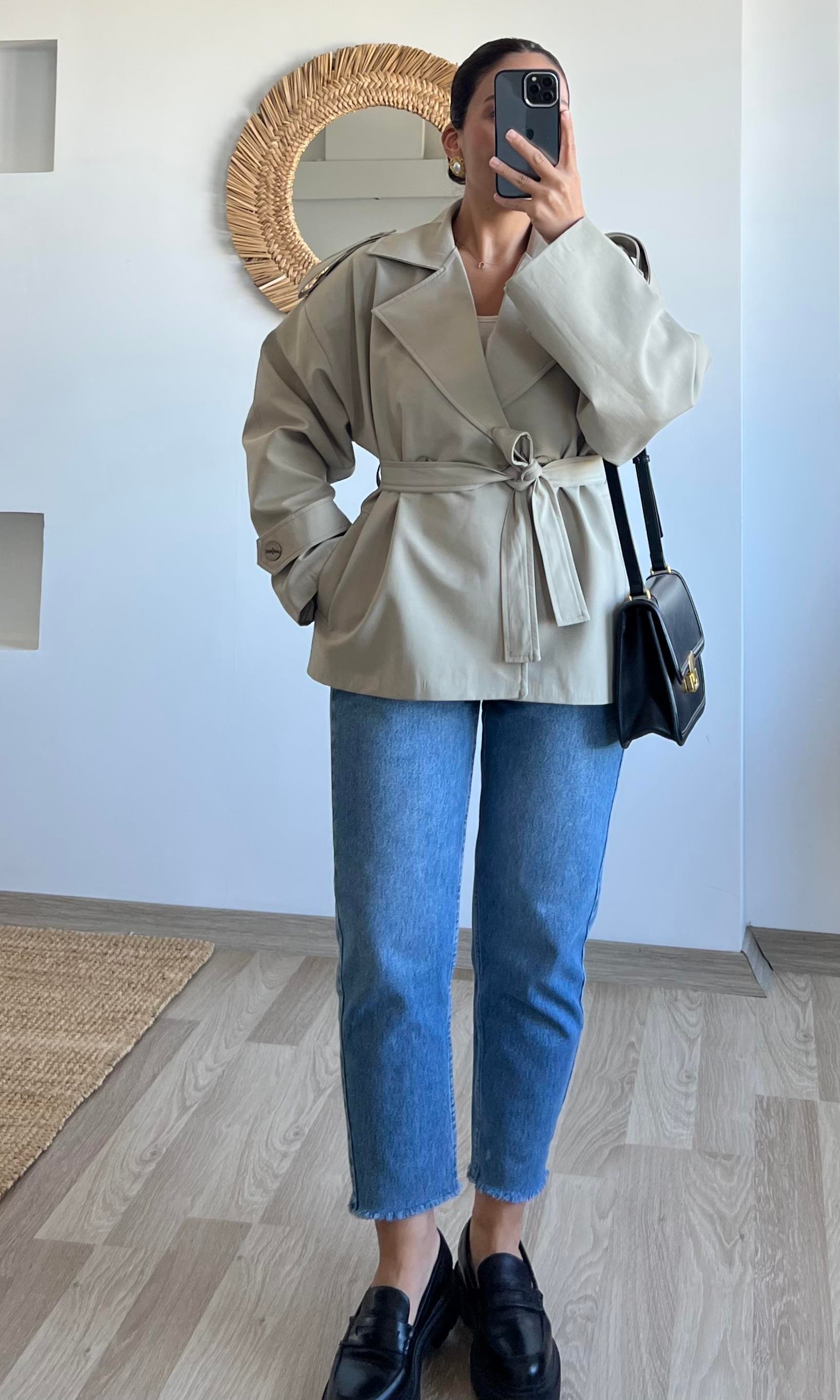 Açık Yeşil Premium Kuşaklı Kısa Trençkot uygun fiyatlarda www.butikhola.com adresinde