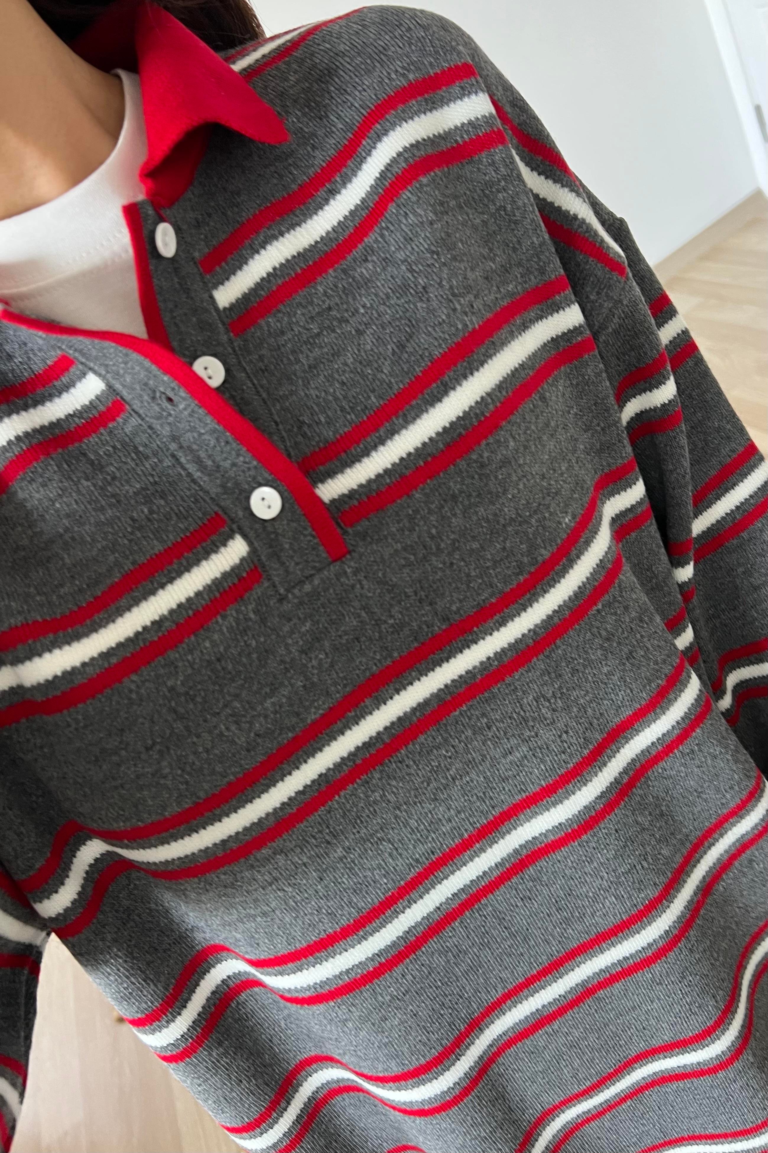 Antrasit Çizgili Polo Yaka Kazak uygun fiyatlarda www.butikhola.com adresinde