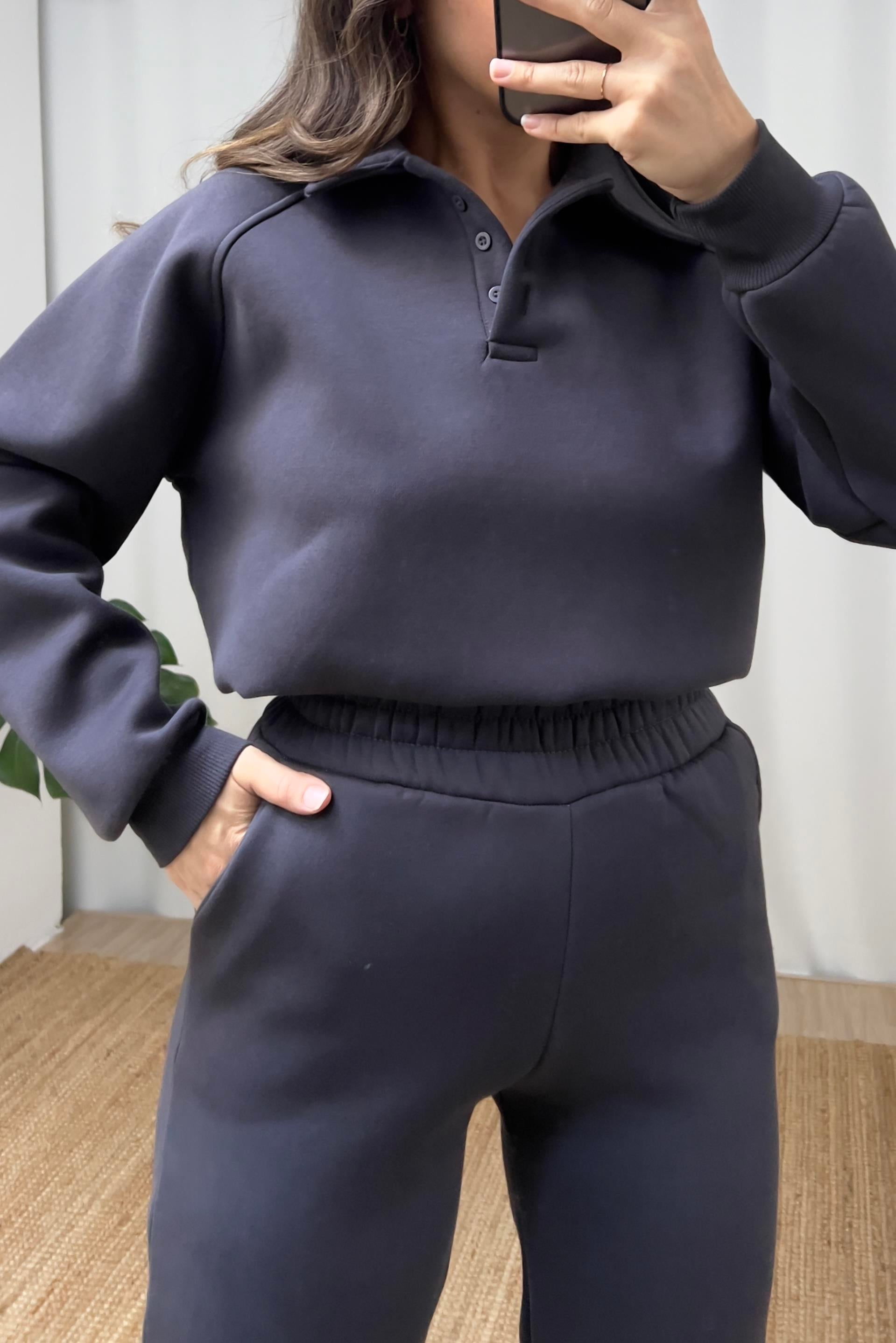 Antrasit İçi Polarlı Polo Yaka Sweatshirt Eşofman Takım uygun fiyatlarda www.butikhola.com adresinde