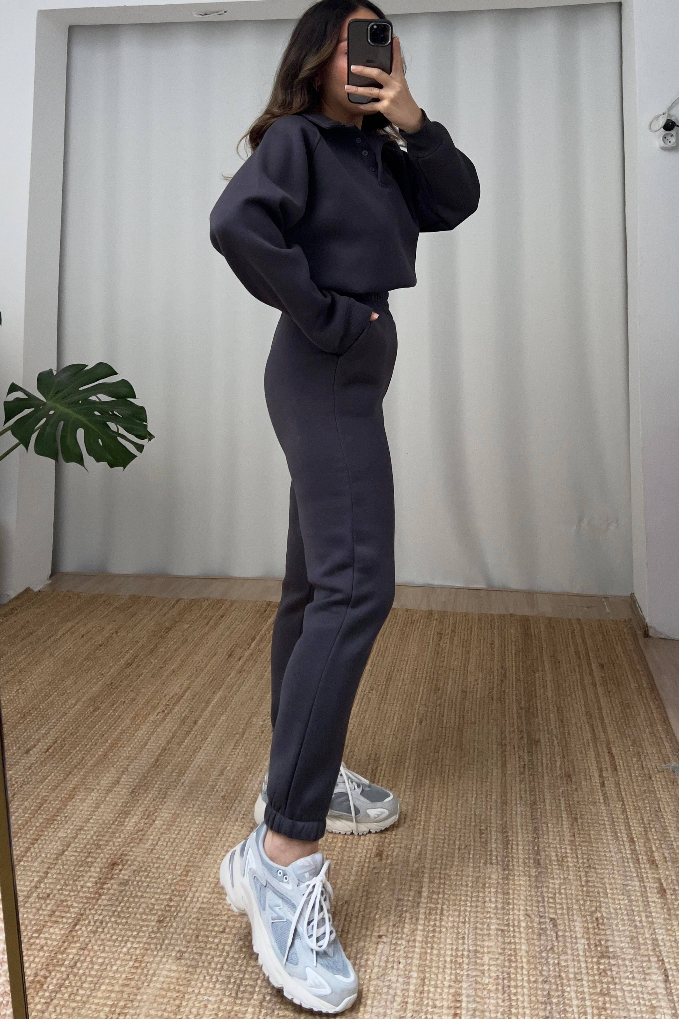 Antrasit İçi Polarlı Polo Yaka Sweatshirt Eşofman Takım uygun fiyatlarda www.butikhola.com adresinde