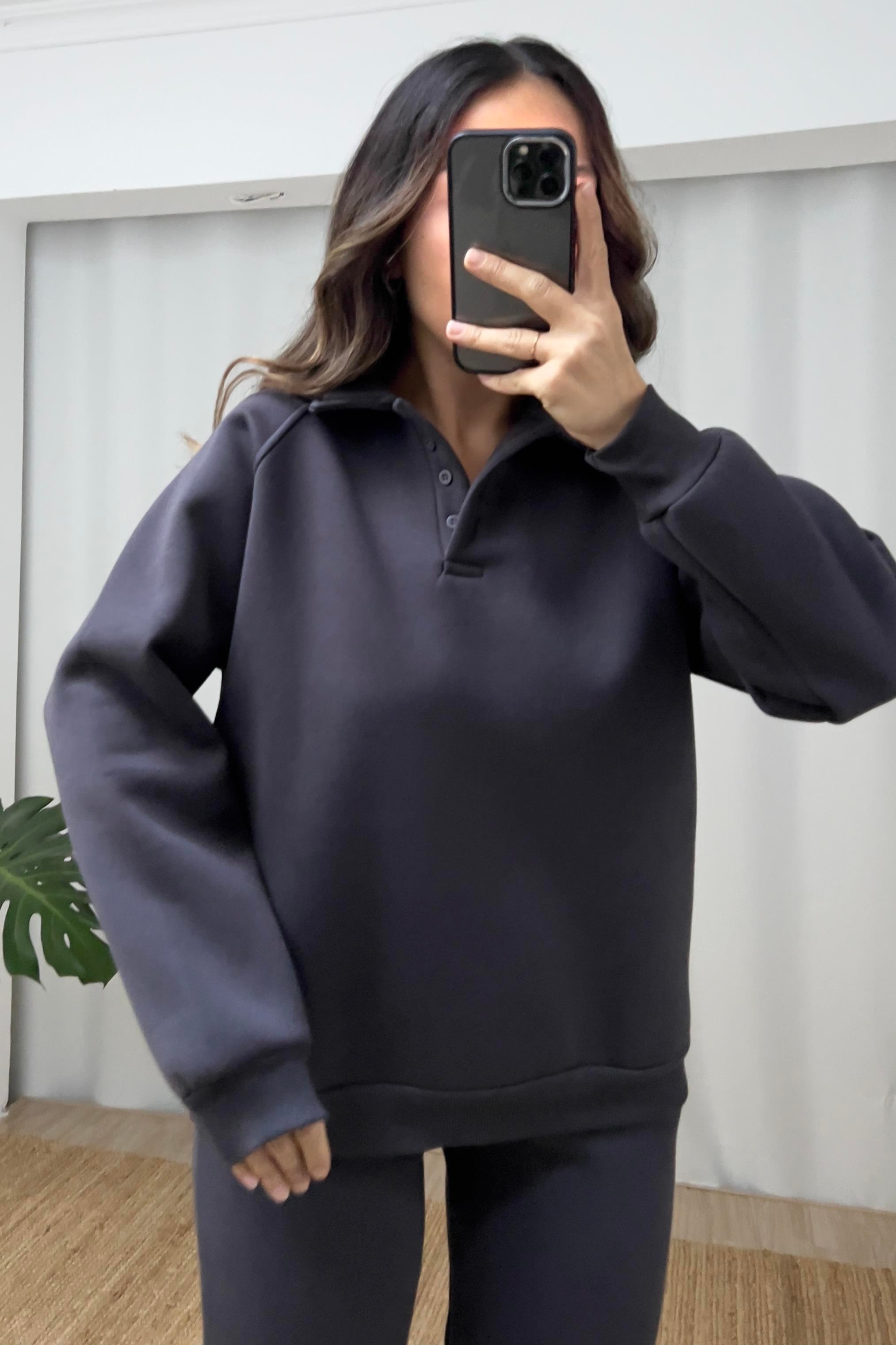 Antrasit İçi Polarlı Polo Yaka Sweatshirt Eşofman Takım uygun fiyatlarda www.butikhola.com adresinde