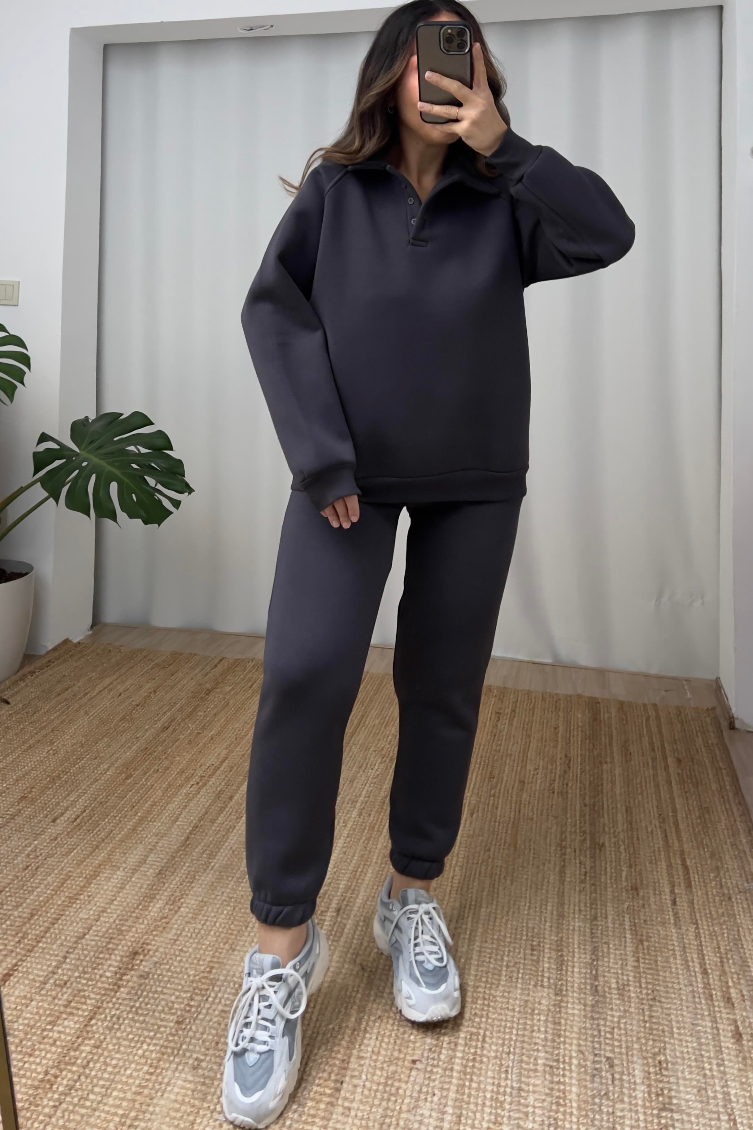Antrasit İçi Polarlı Polo Yaka Sweatshirt Eşofman Takım uygun fiyatlarda www.butikhola.com adresinde