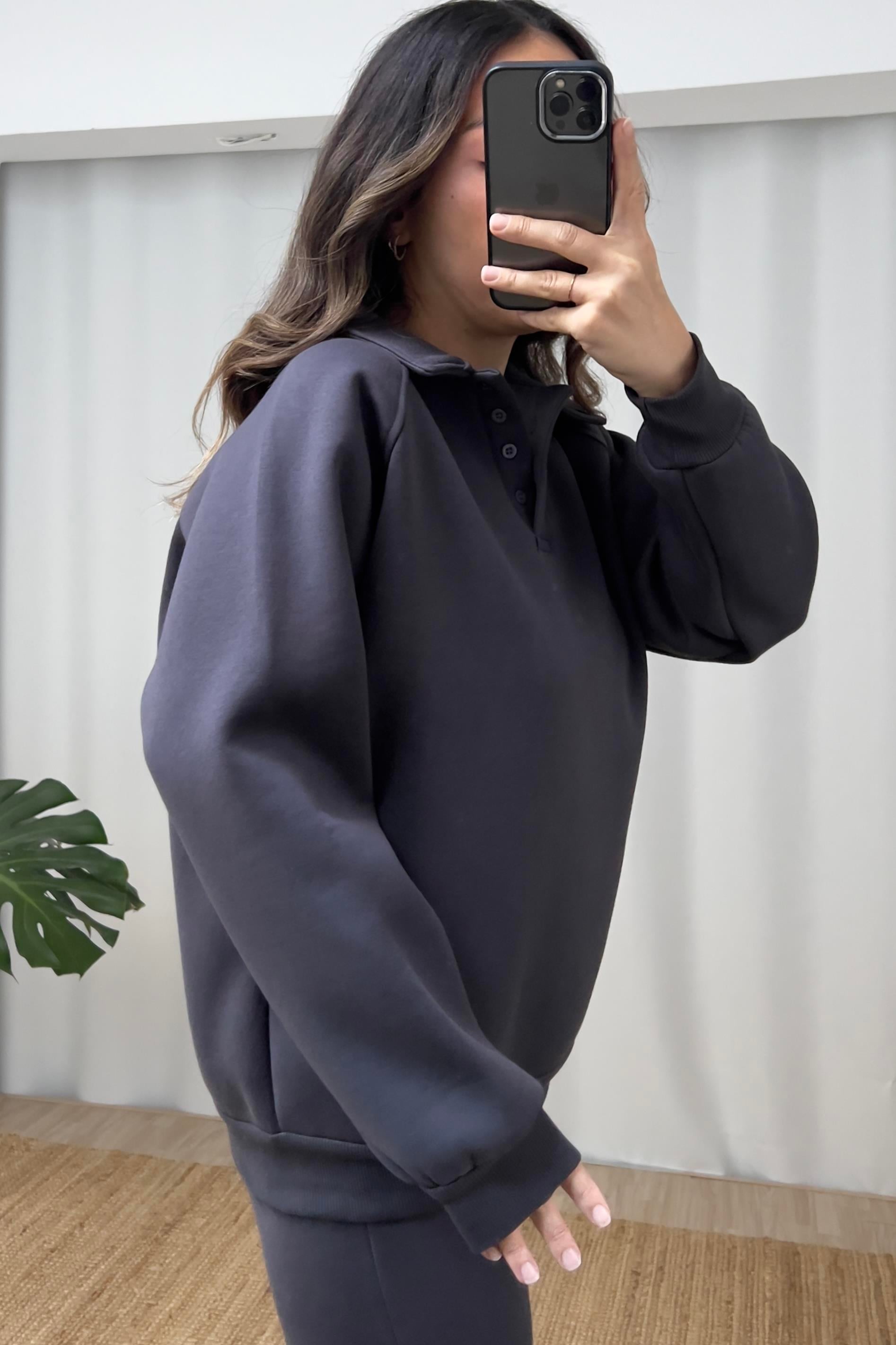 Antrasit İçi Polarlı Polo Yaka Sweatshirt Eşofman Takım uygun fiyatlarda www.butikhola.com adresinde