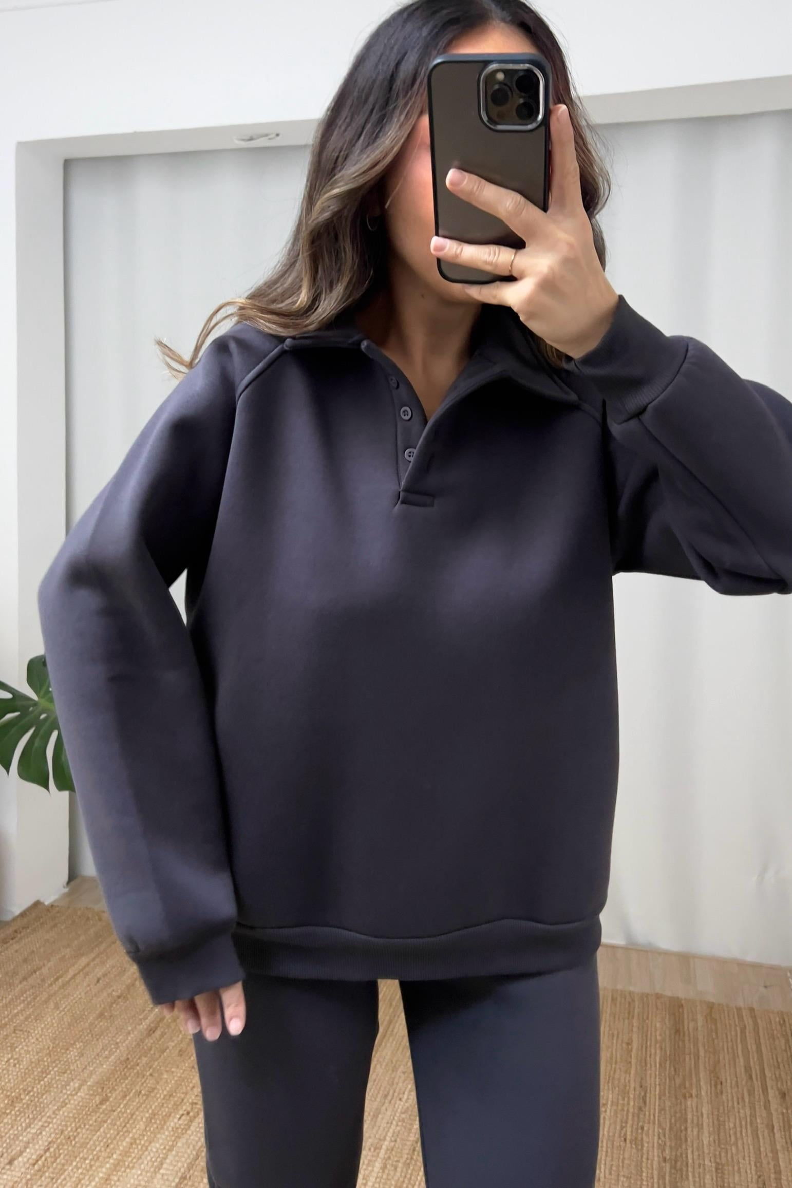 Antrasit İçi Polarlı Polo Yaka Sweatshirt Eşofman Takım uygun fiyatlarda www.butikhola.com adresinde