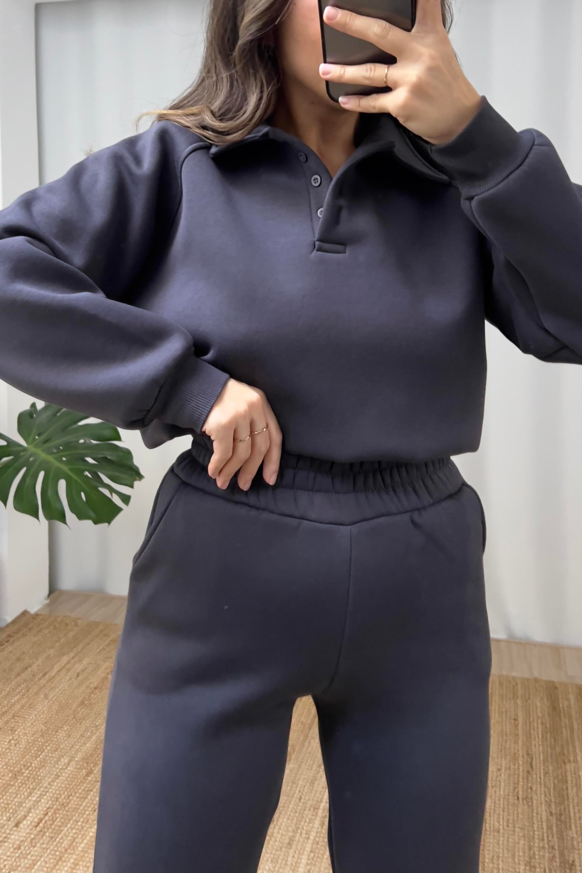 Antrasit İçi Polarlı Polo Yaka Sweatshirt Eşofman Takım uygun fiyatlarda www.butikhola.com adresinde