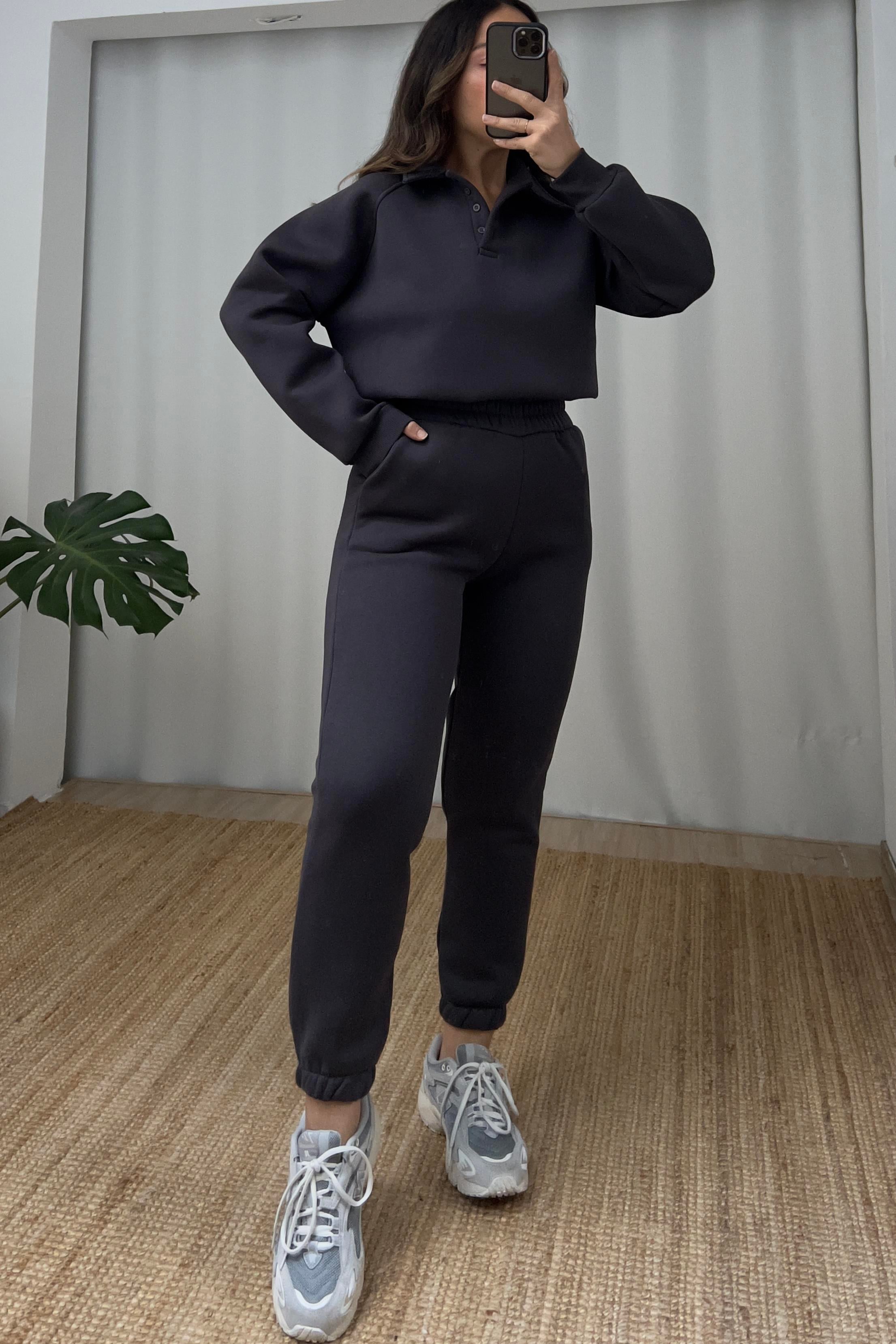 Antrasit İçi Polarlı Polo Yaka Sweatshirt Eşofman Takım uygun fiyatlarda www.butikhola.com adresinde