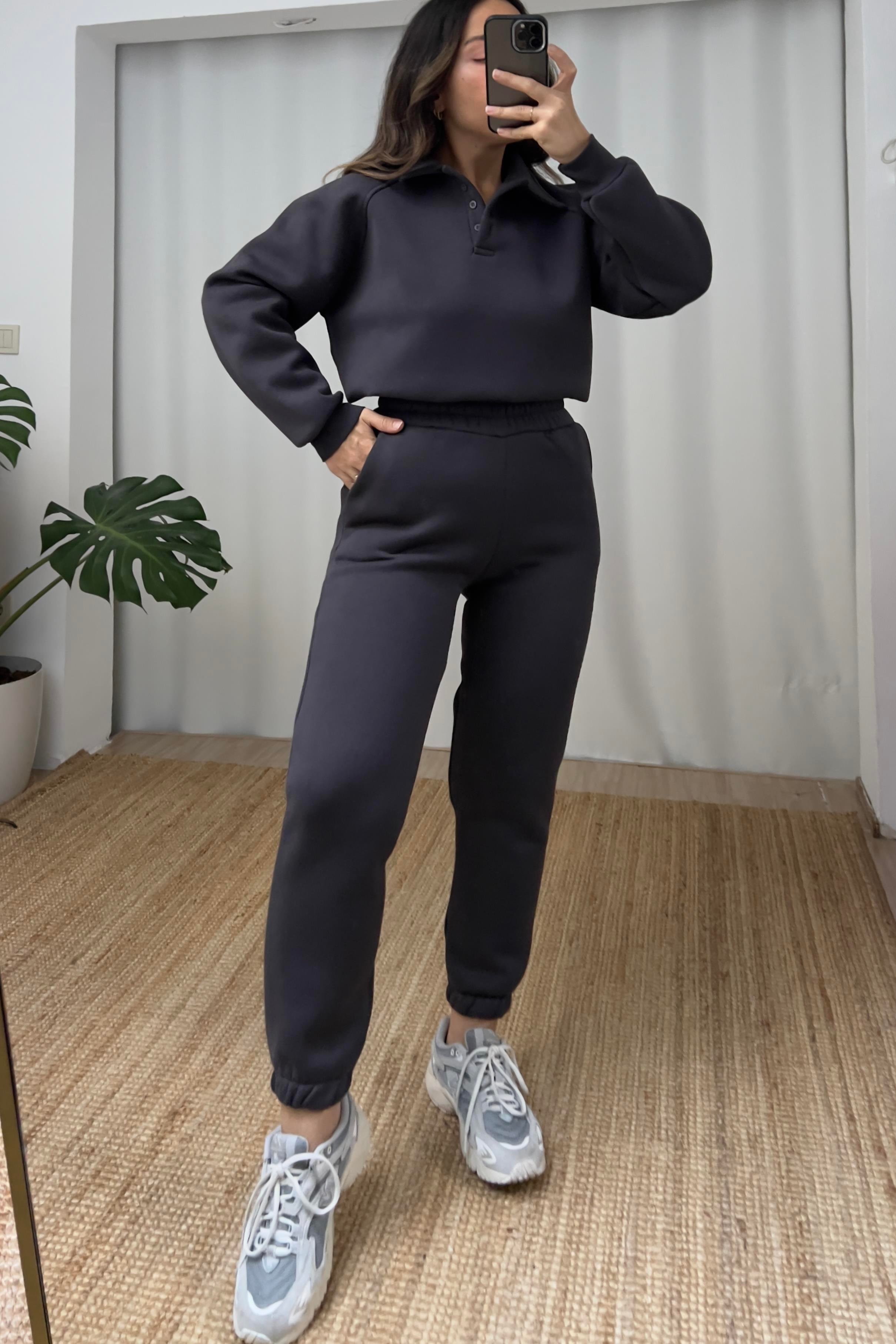 Antrasit İçi Polarlı Polo Yaka Sweatshirt Eşofman Takım uygun fiyatlarda www.butikhola.com adresinde