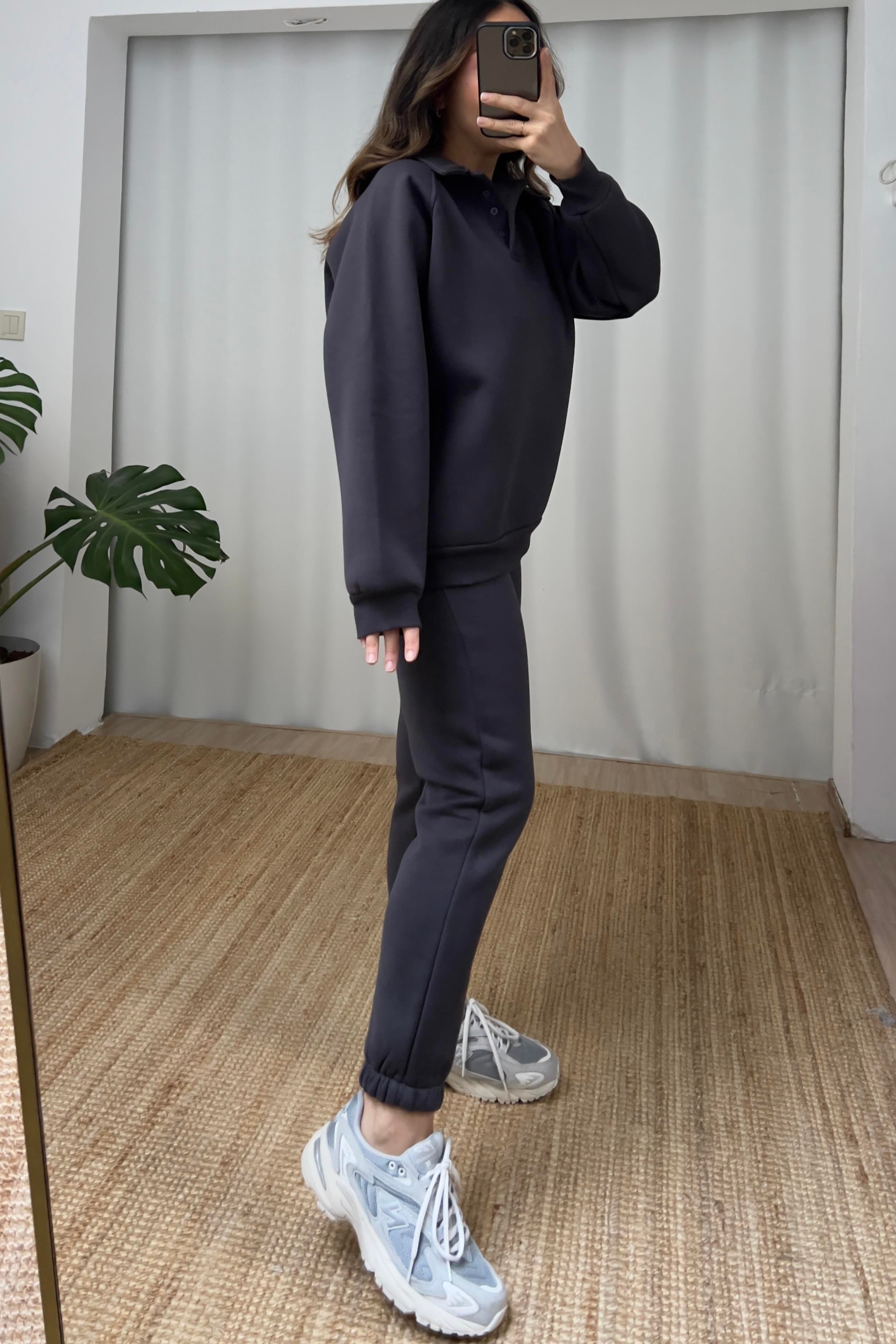 Antrasit İçi Polarlı Polo Yaka Sweatshirt Eşofman Takım uygun fiyatlarda www.butikhola.com adresinde