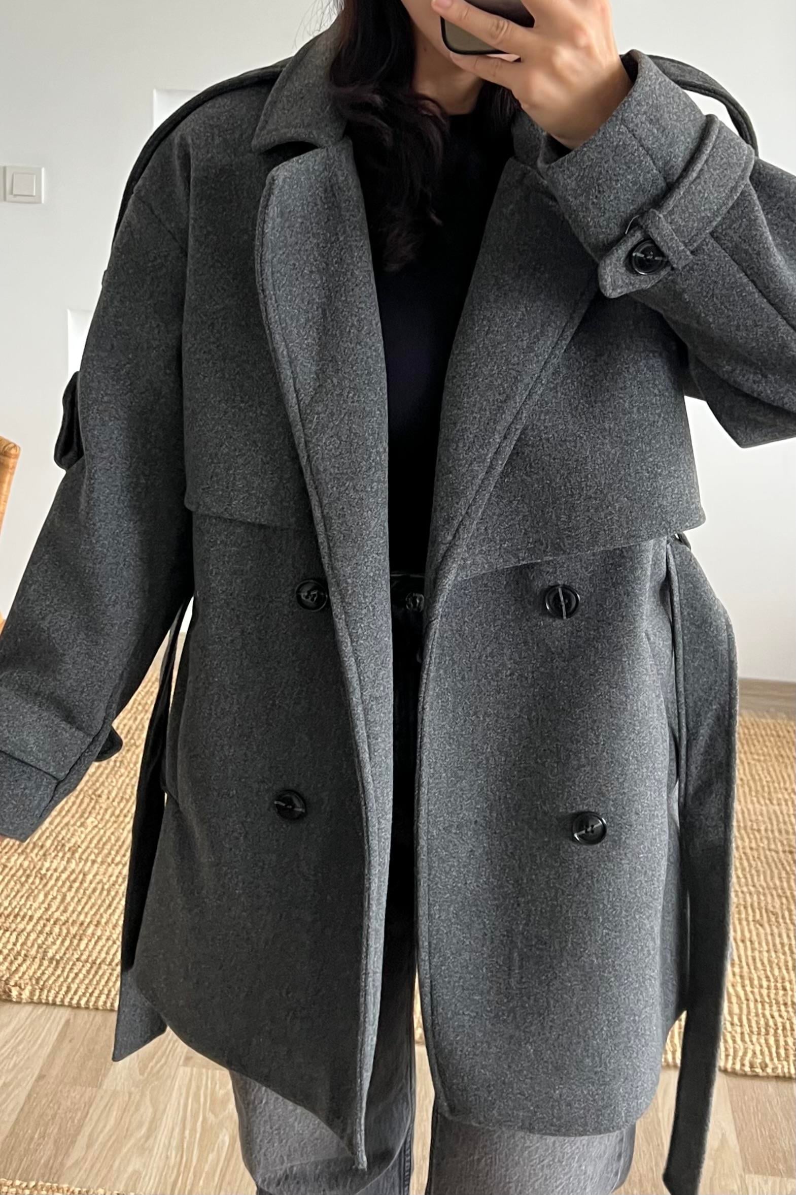 Antrasit Kuşaklı Ara Boy Kaşe Kaban uygun fiyatlarda www.butikhola.com adresinde