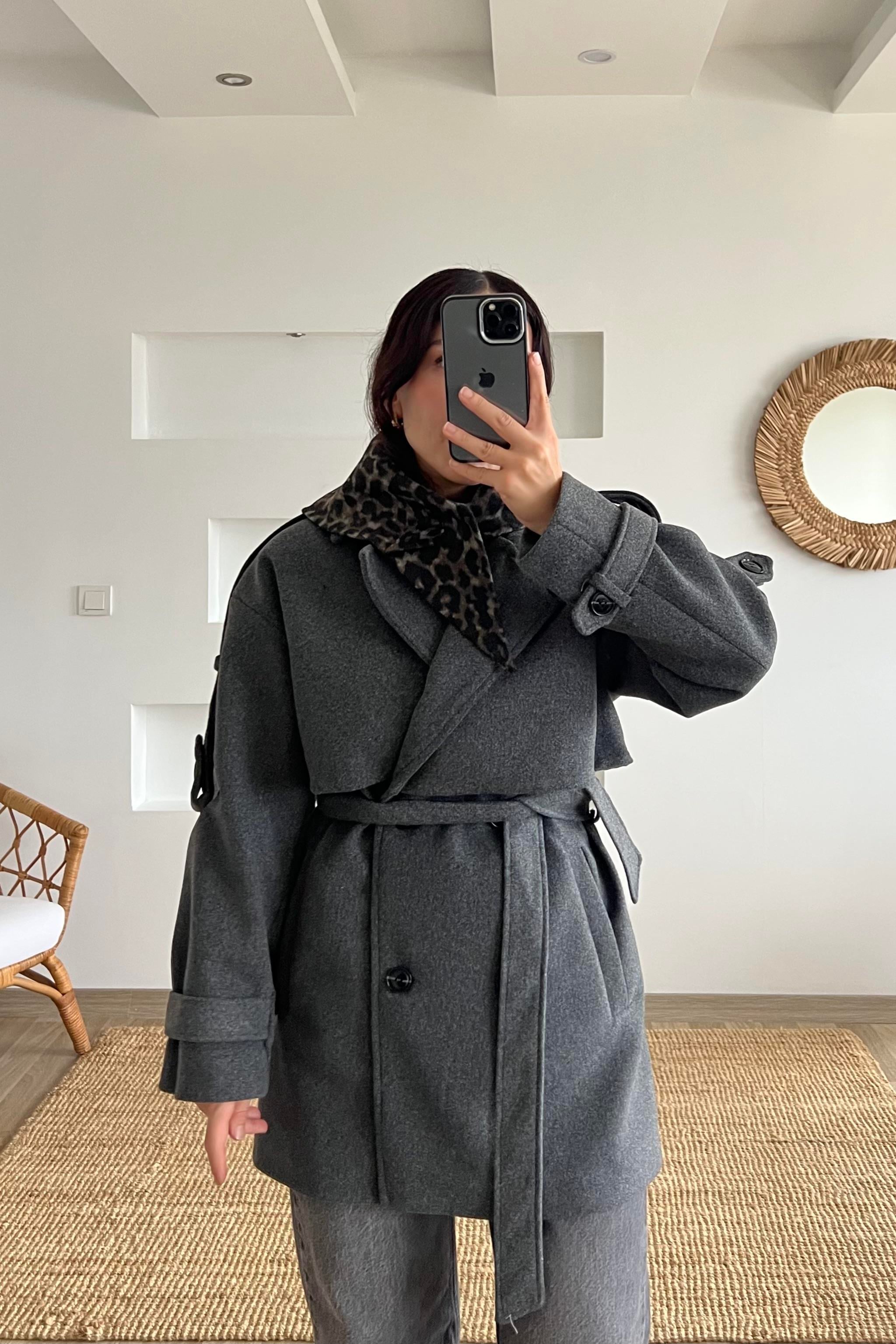 Antrasit Kuşaklı Ara Boy Kaşe Kaban uygun fiyatlarda www.butikhola.com adresinde