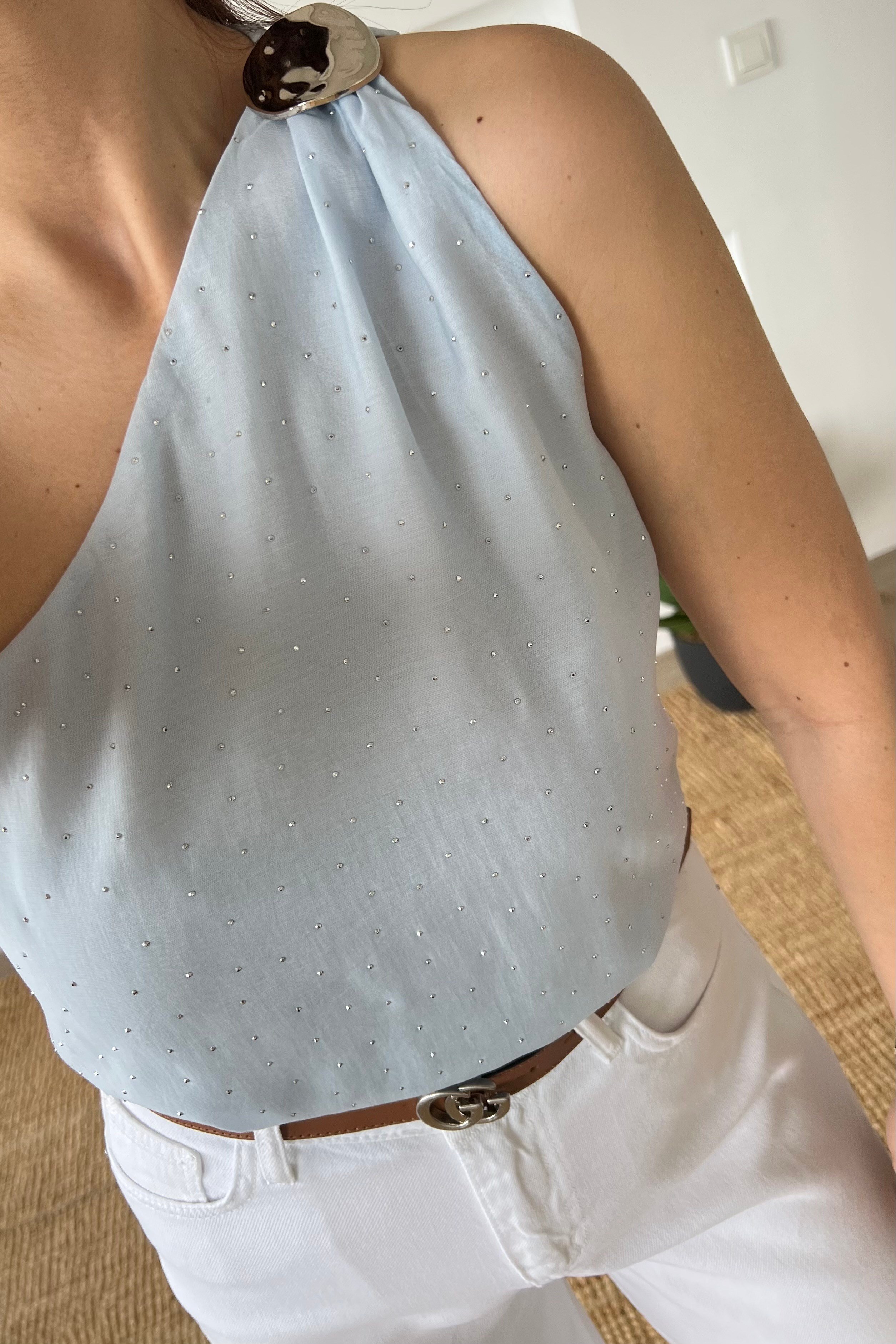 Bebe Mavisi Tek Omuz Taşlı Tensel BLuz uygun fiyatlarda www.butikhola.com adresinde