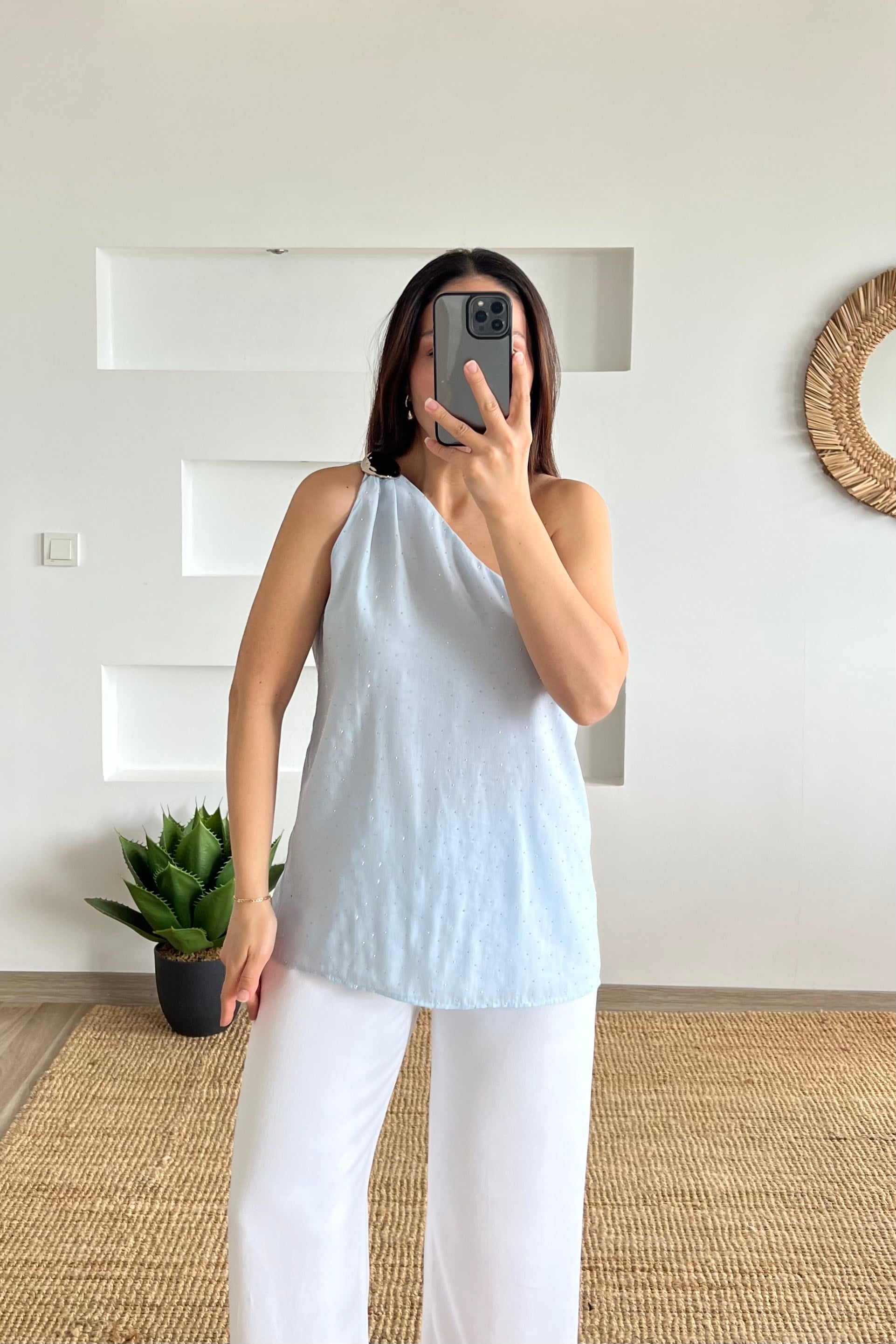 Bebe Mavisi Tek Omuz Taşlı Tensel BLuz uygun fiyatlarda www.butikhola.com adresinde