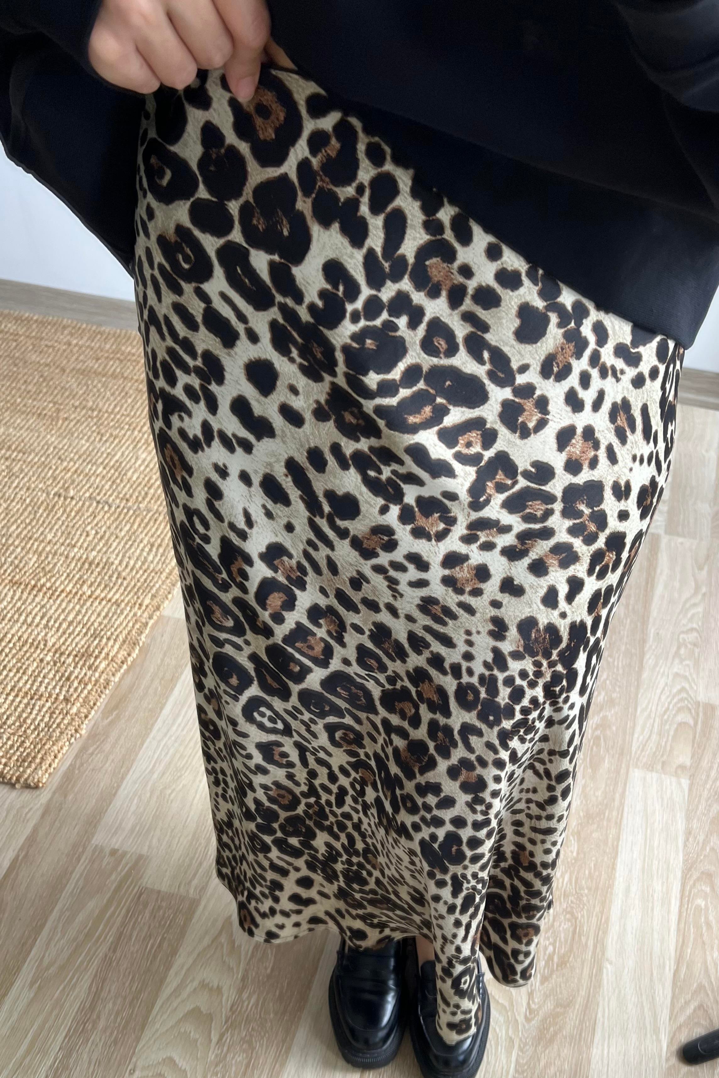 Bej Leopar Desenli Beli Lastikli Saten Etek uygun fiyatlarda www.butikhola.com adresinde