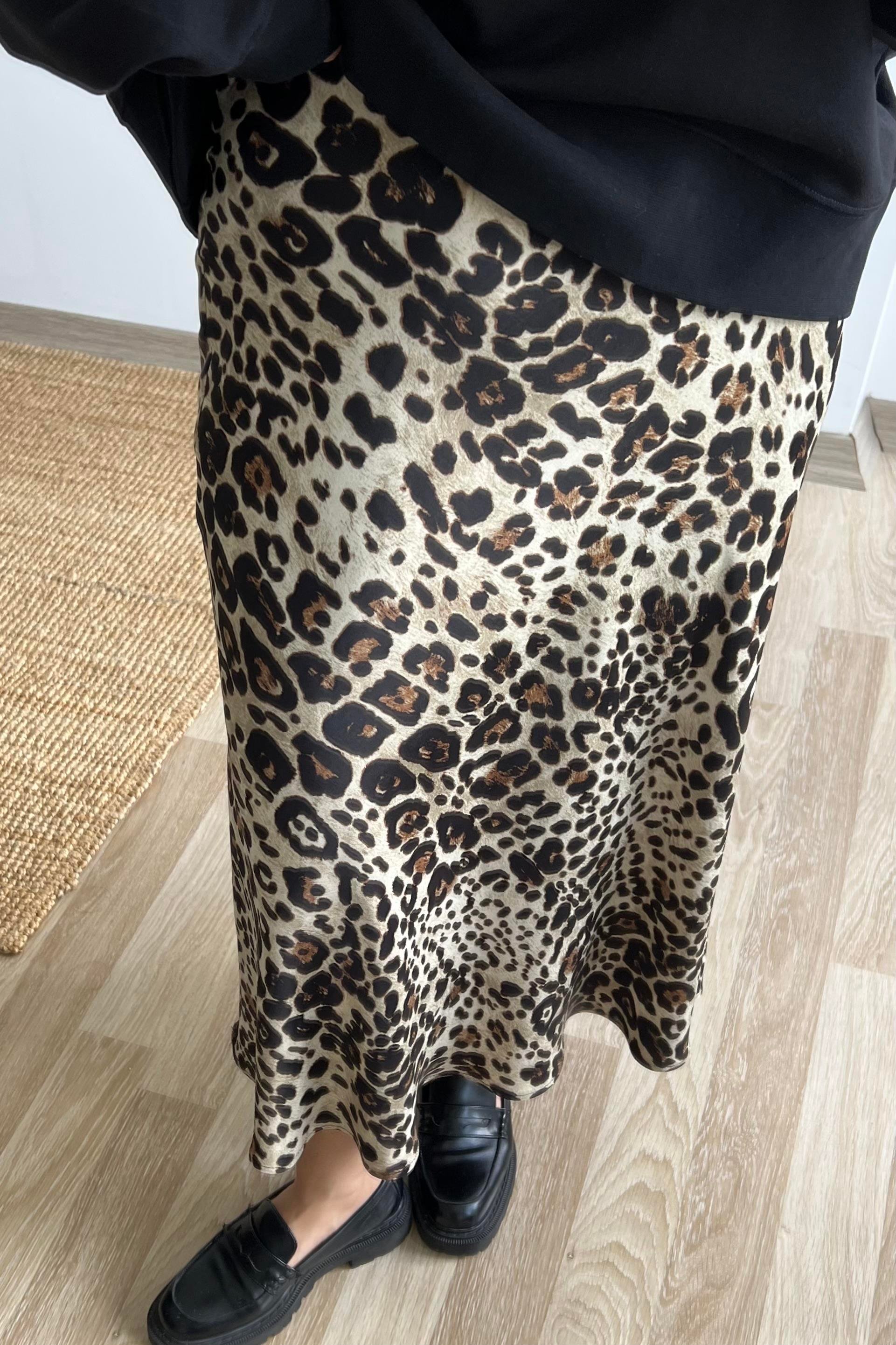 Bej Leopar Desenli Beli Lastikli Saten Etek uygun fiyatlarda www.butikhola.com adresinde