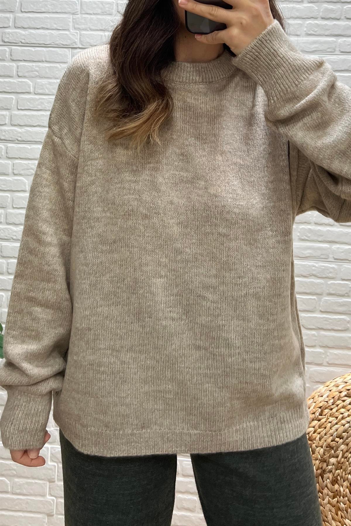 Bej Melanj Oversize Basic Kazak uygun fiyatlarda www.butikhola.com adresinde