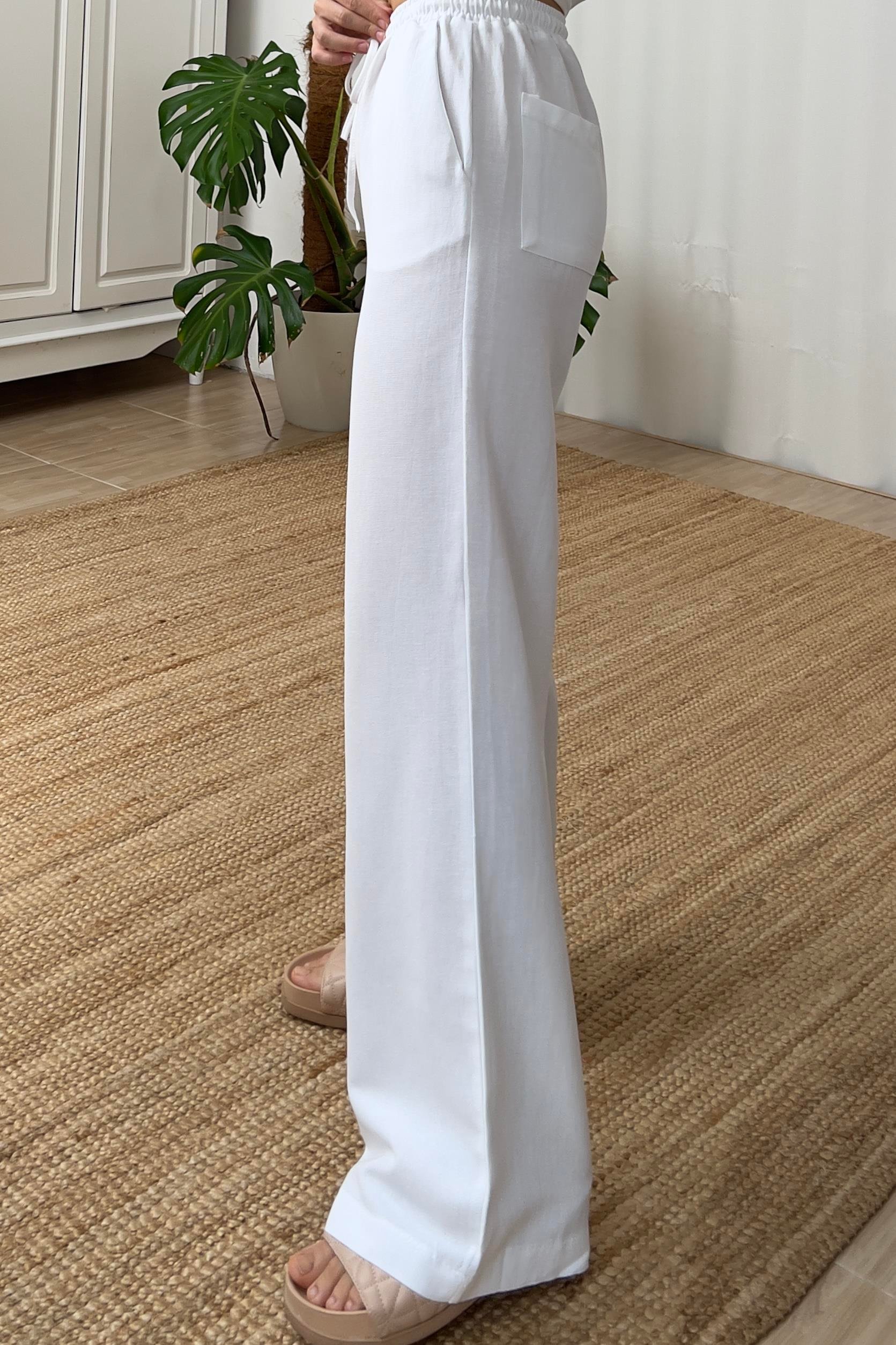 Beyaz Beli İpli Cepli Keten Pantolon uygun fiyatlarda www.butikhola.com adresinde