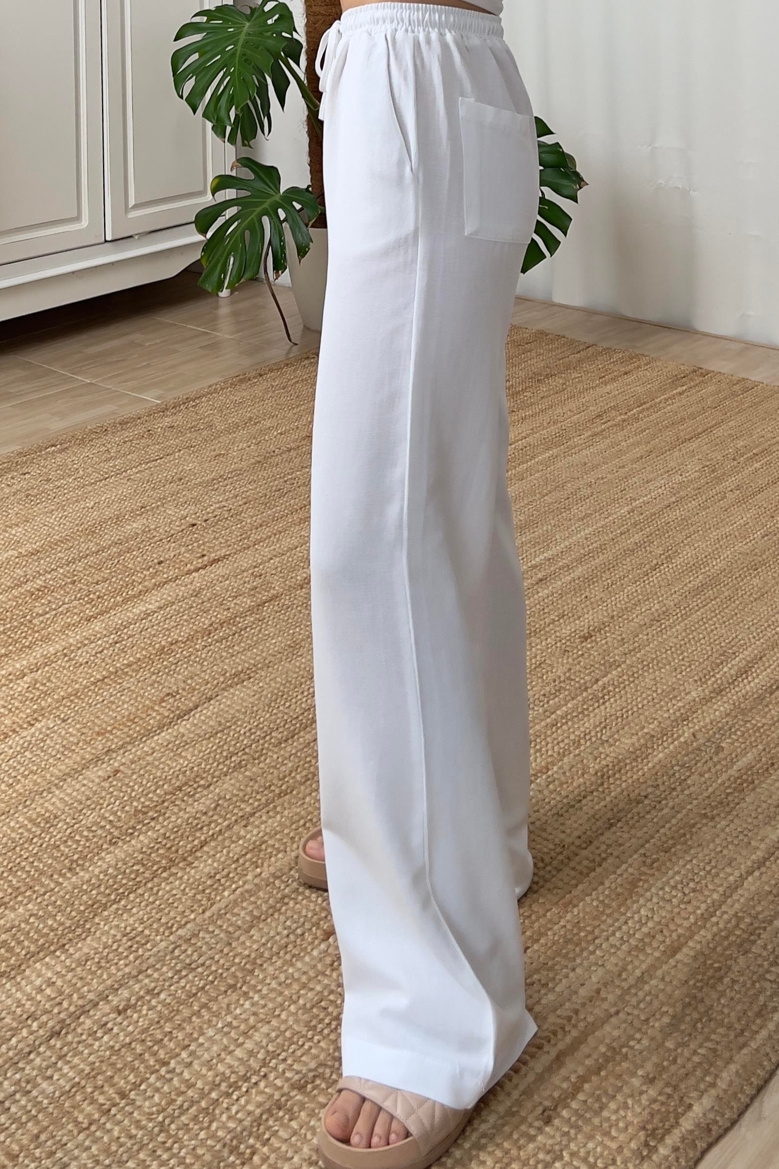 Beyaz Beli İpli Cepli Keten Pantolon uygun fiyatlarda www.butikhola.com adresinde