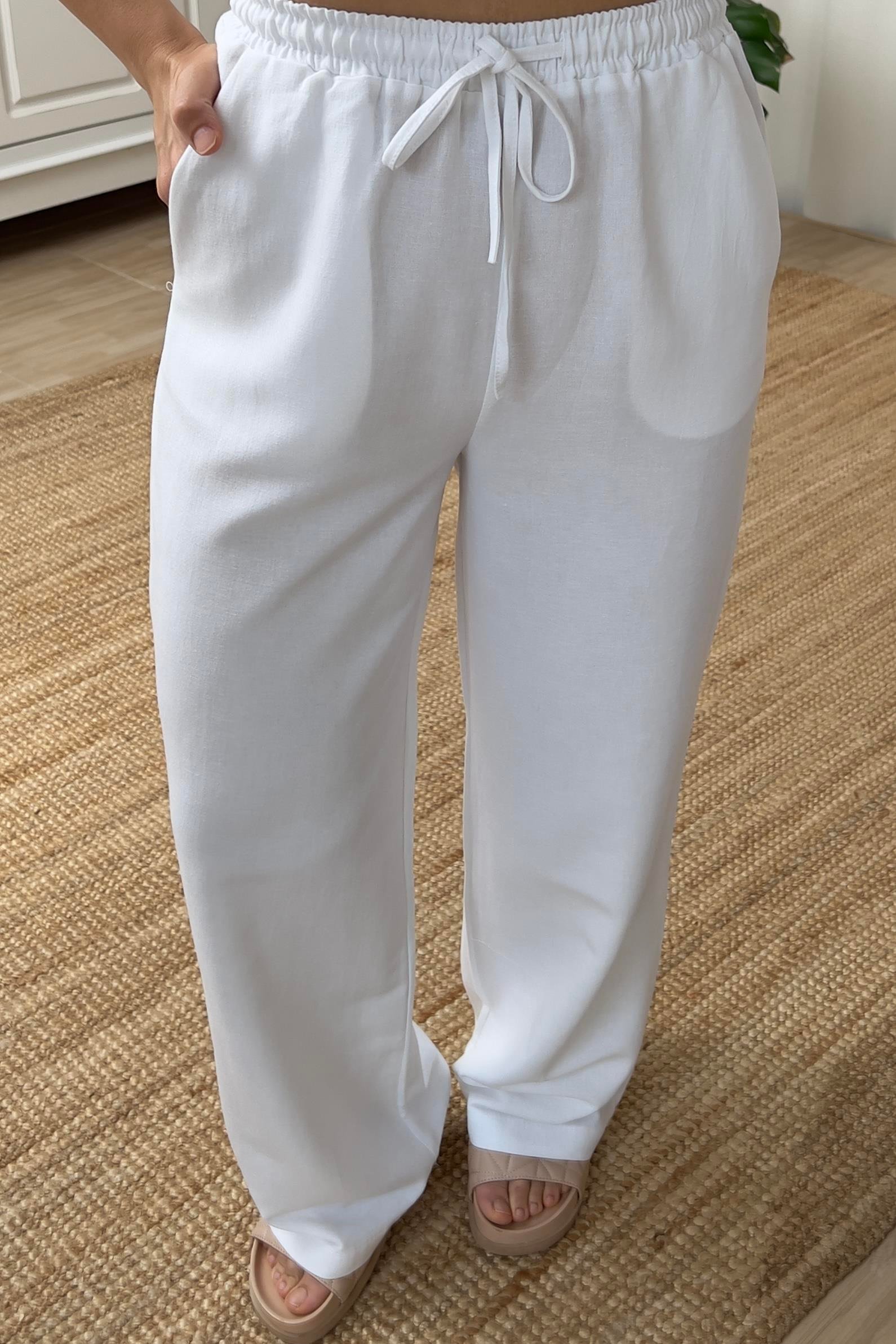 Beyaz Beli İpli Cepli Keten Pantolon uygun fiyatlarda www.butikhola.com adresinde