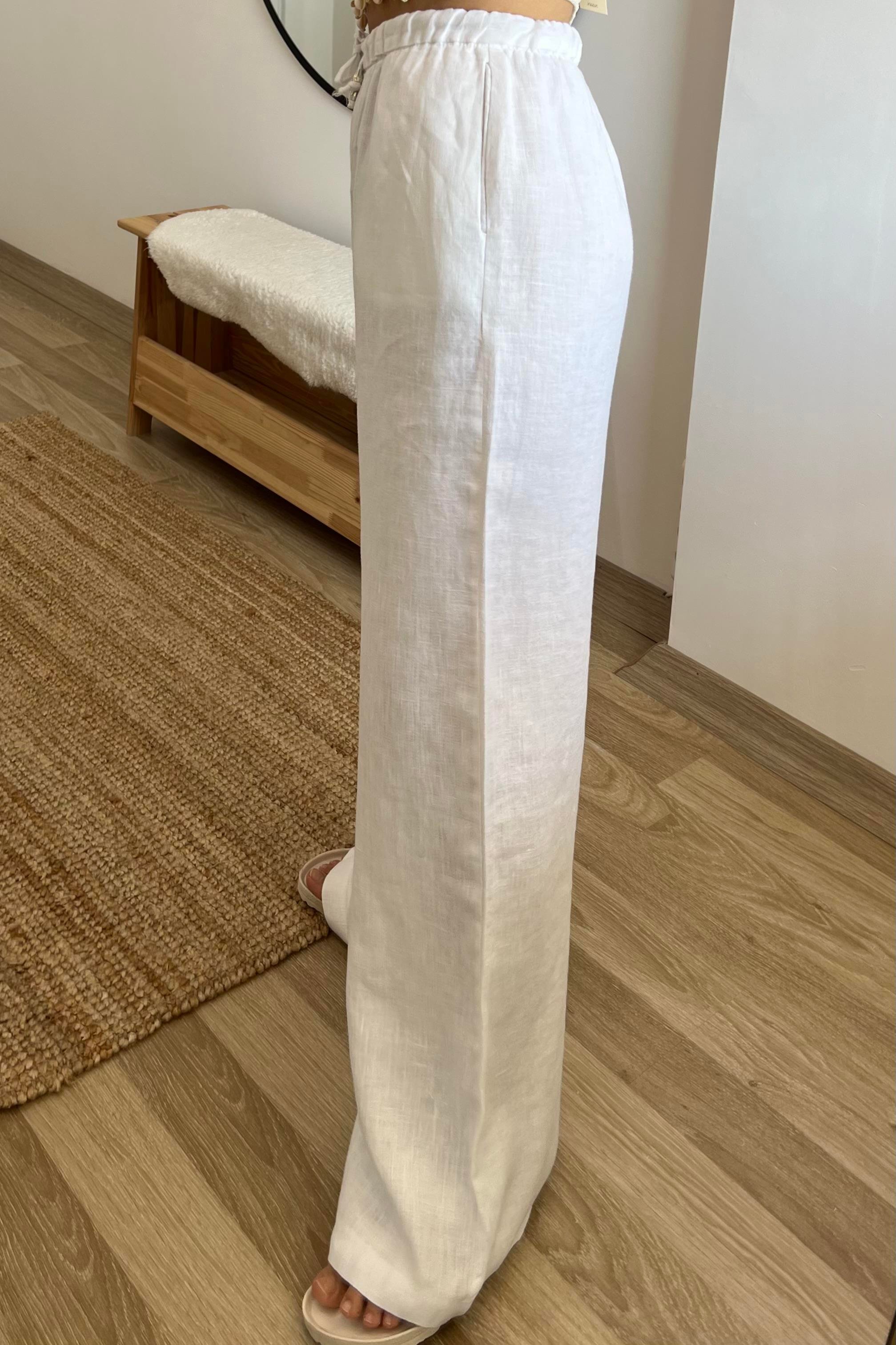 Beyaz Beli İpli Ham Keten Comfort Pantolon uygun fiyatlarda www.butikhola.com adresinde